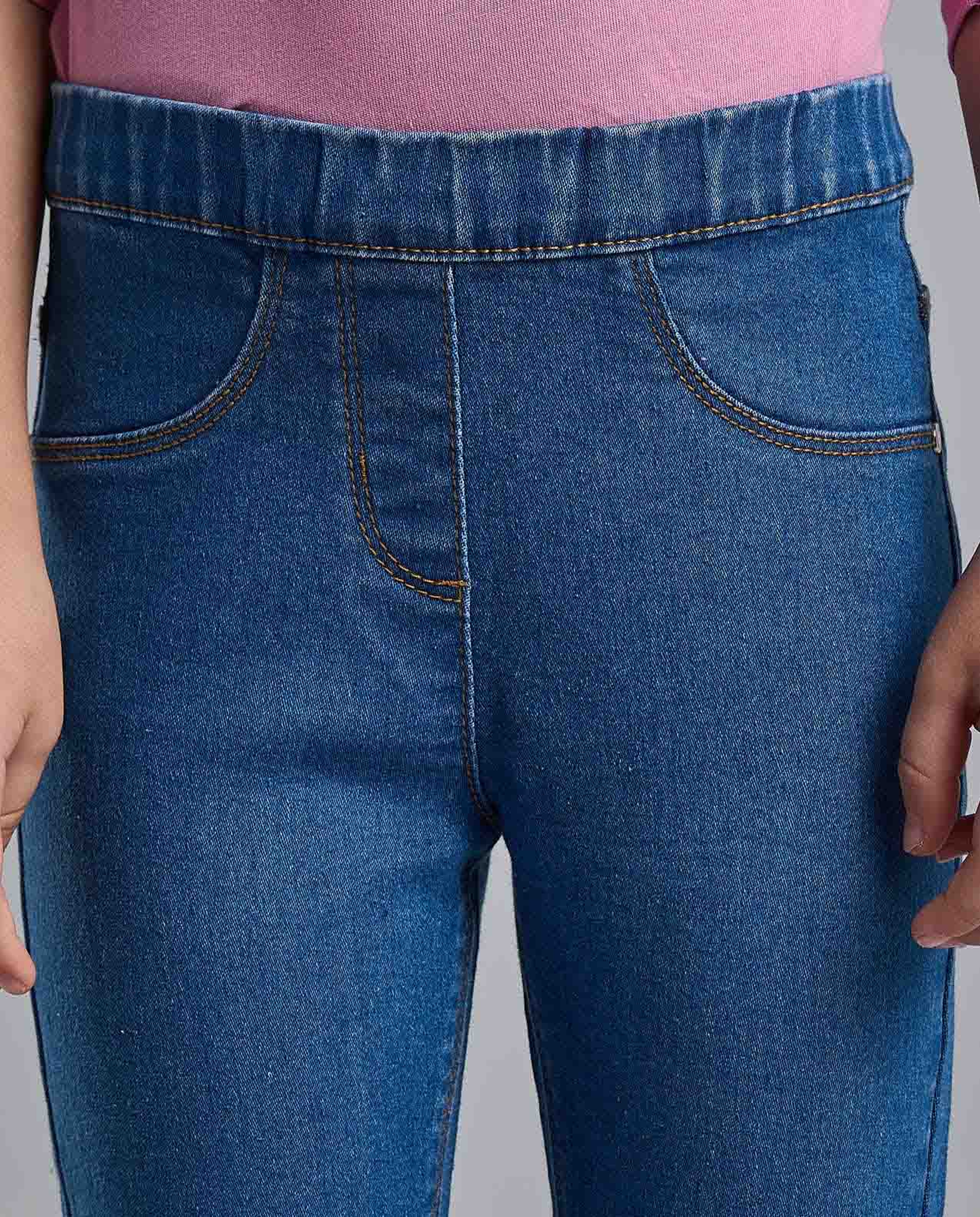 Washed Jeggings with Elastic Waist