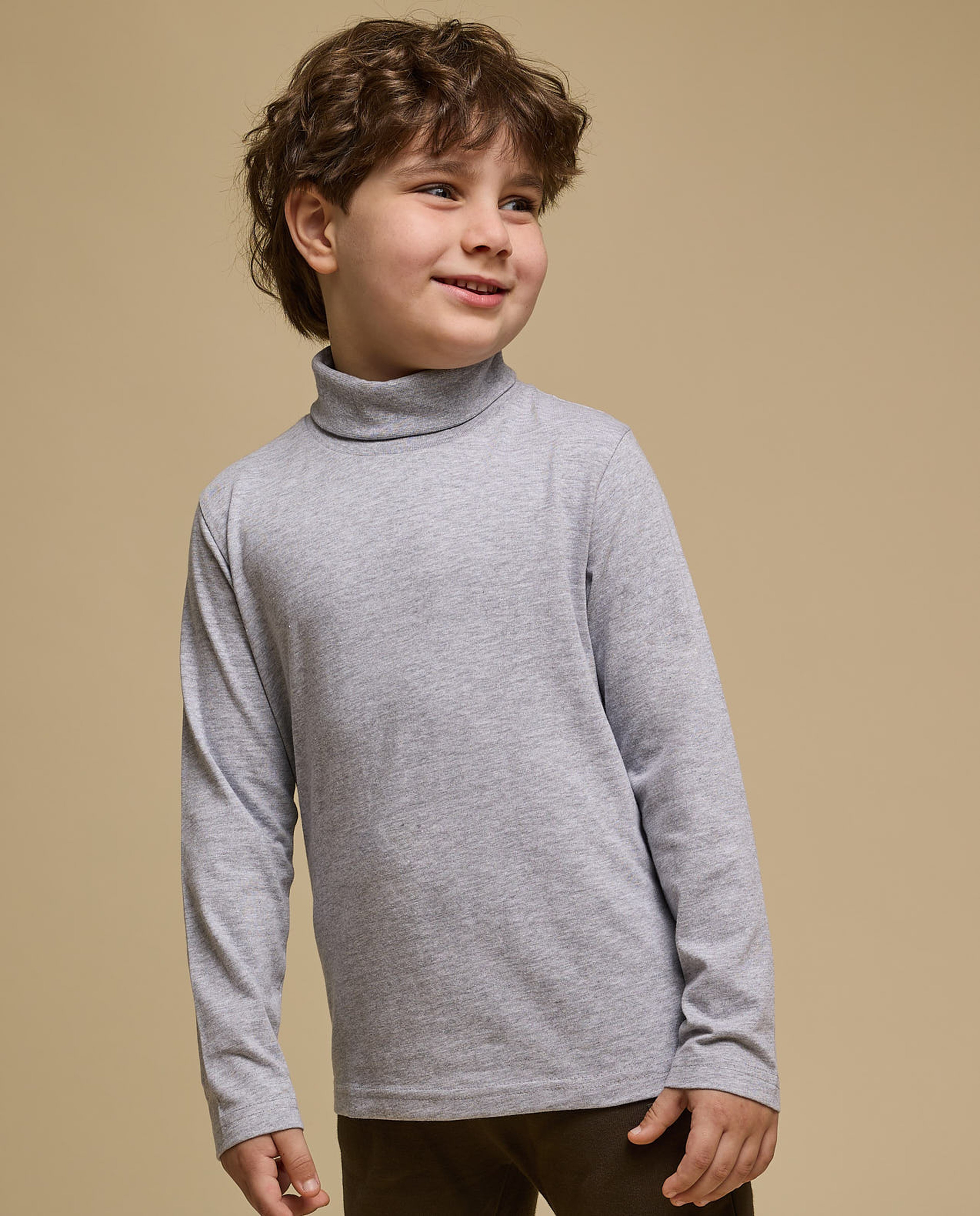 Solid T-Shirt with High Neck and Long Sleeves