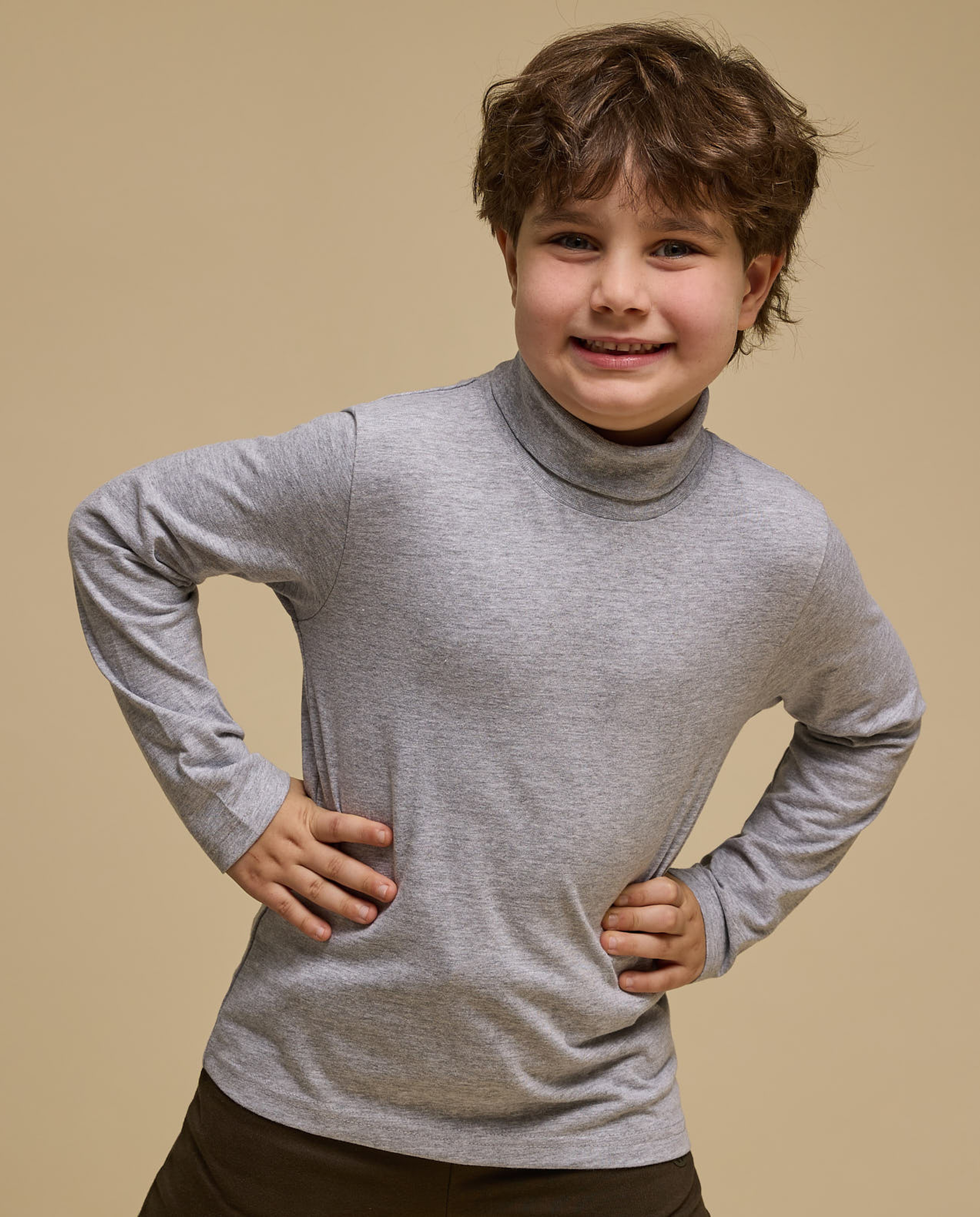 Solid T-Shirt with High Neck and Long Sleeves