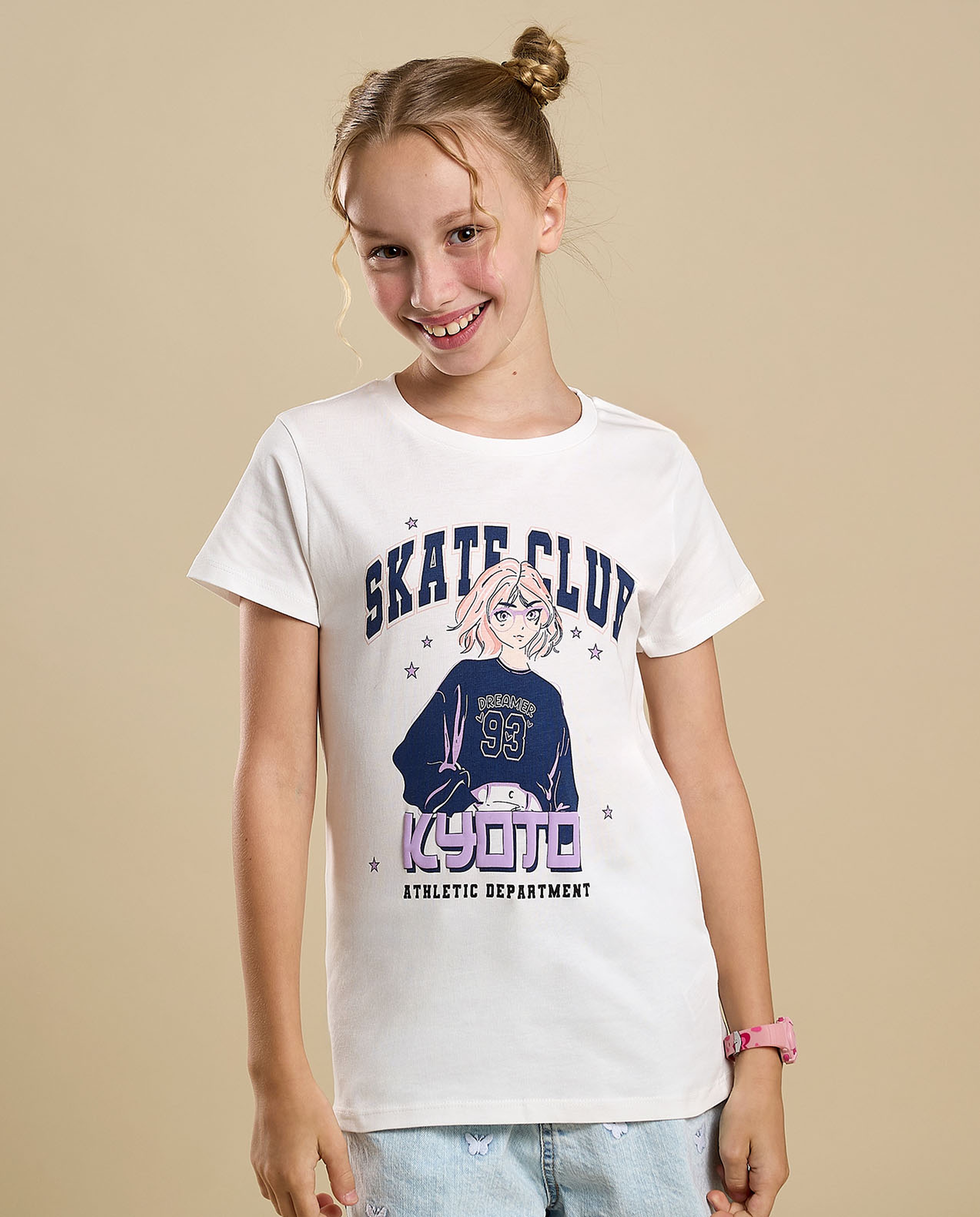 Graphic Print T-Shirt with Crew Neck and Short Sleeves