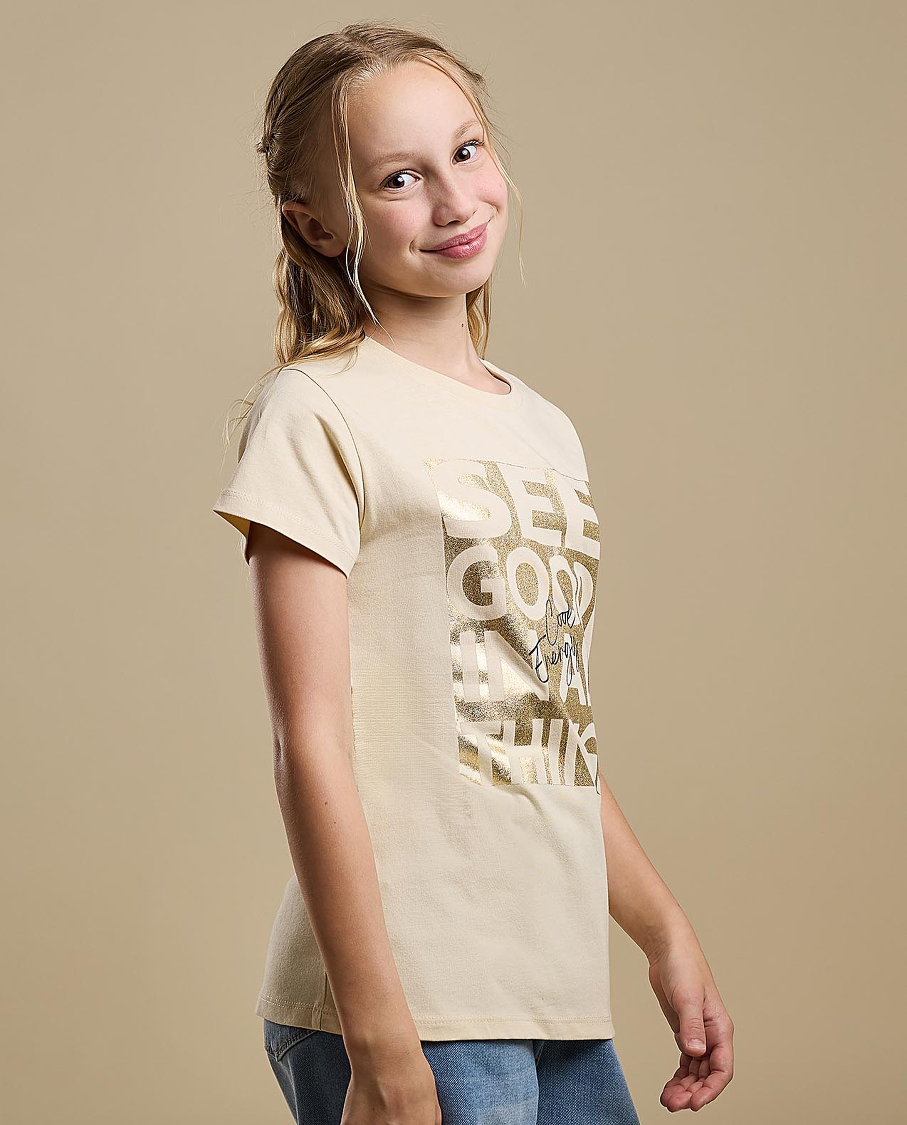 Foil Print T-Shirt with Crew Neck and Short Sleeves