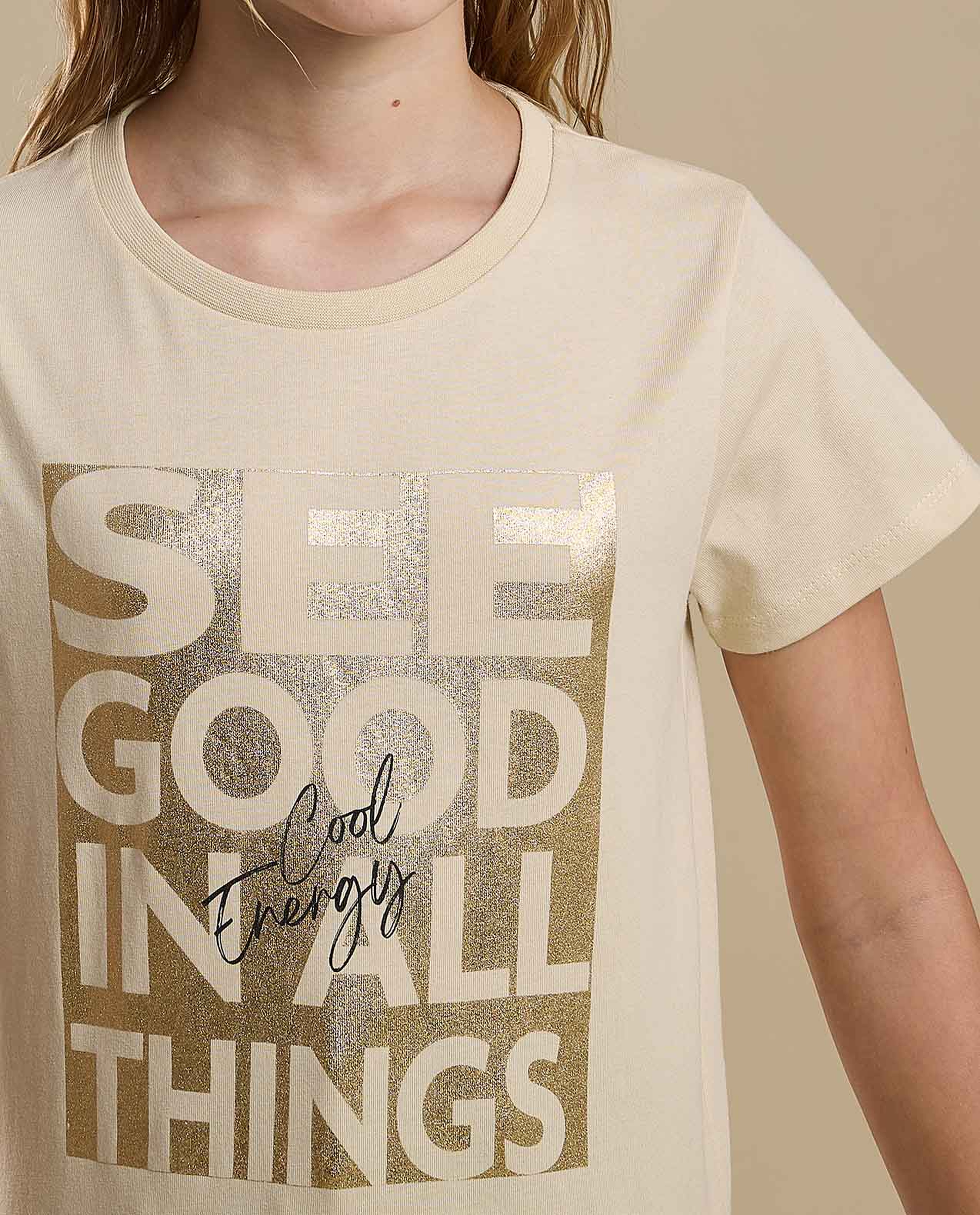 Foil Print T-Shirt with Crew Neck and Short Sleeves