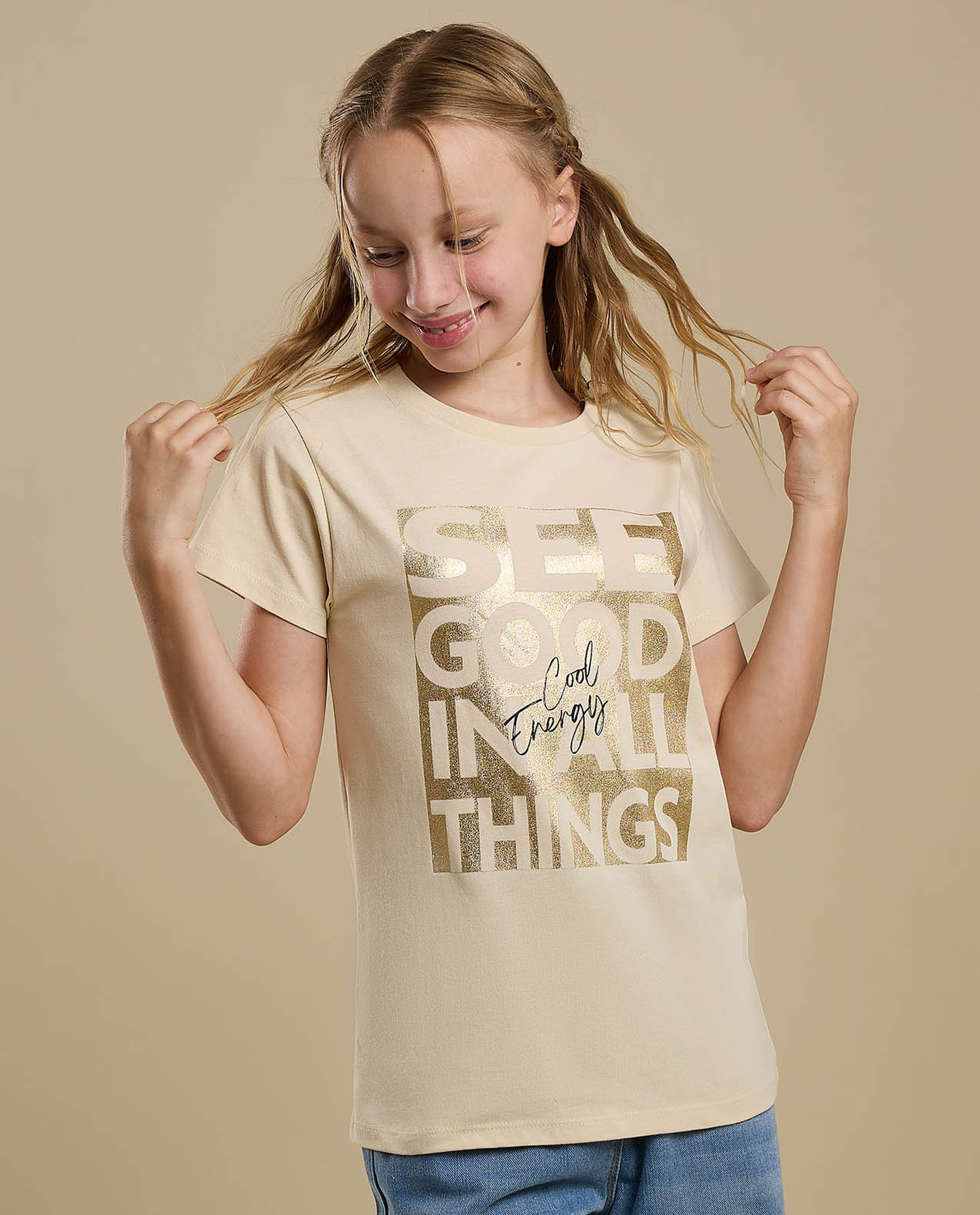 Foil Print T-Shirt with Crew Neck and Short Sleeves