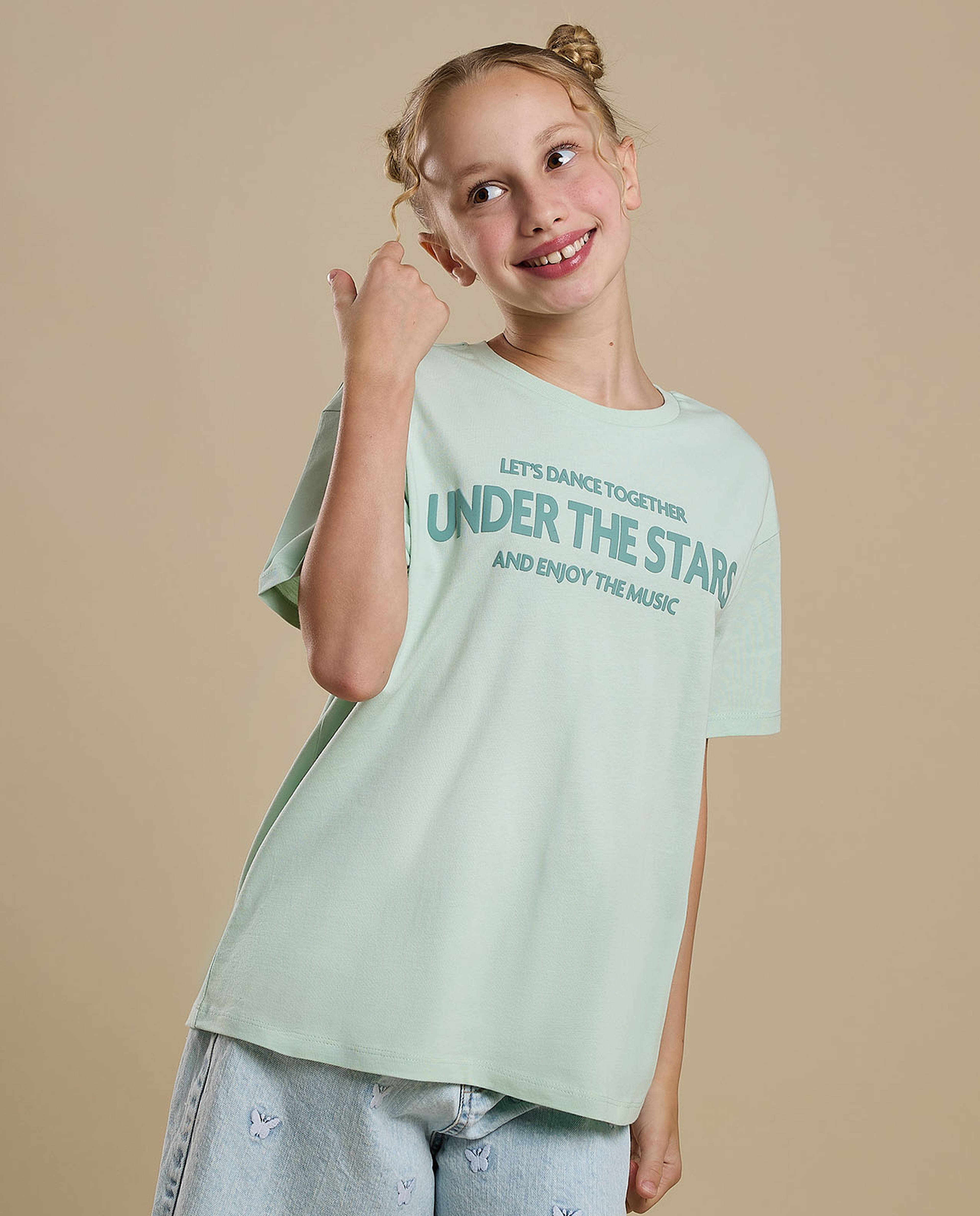 Typography Print T-Shirt with Crew Neck and Short Sleeves