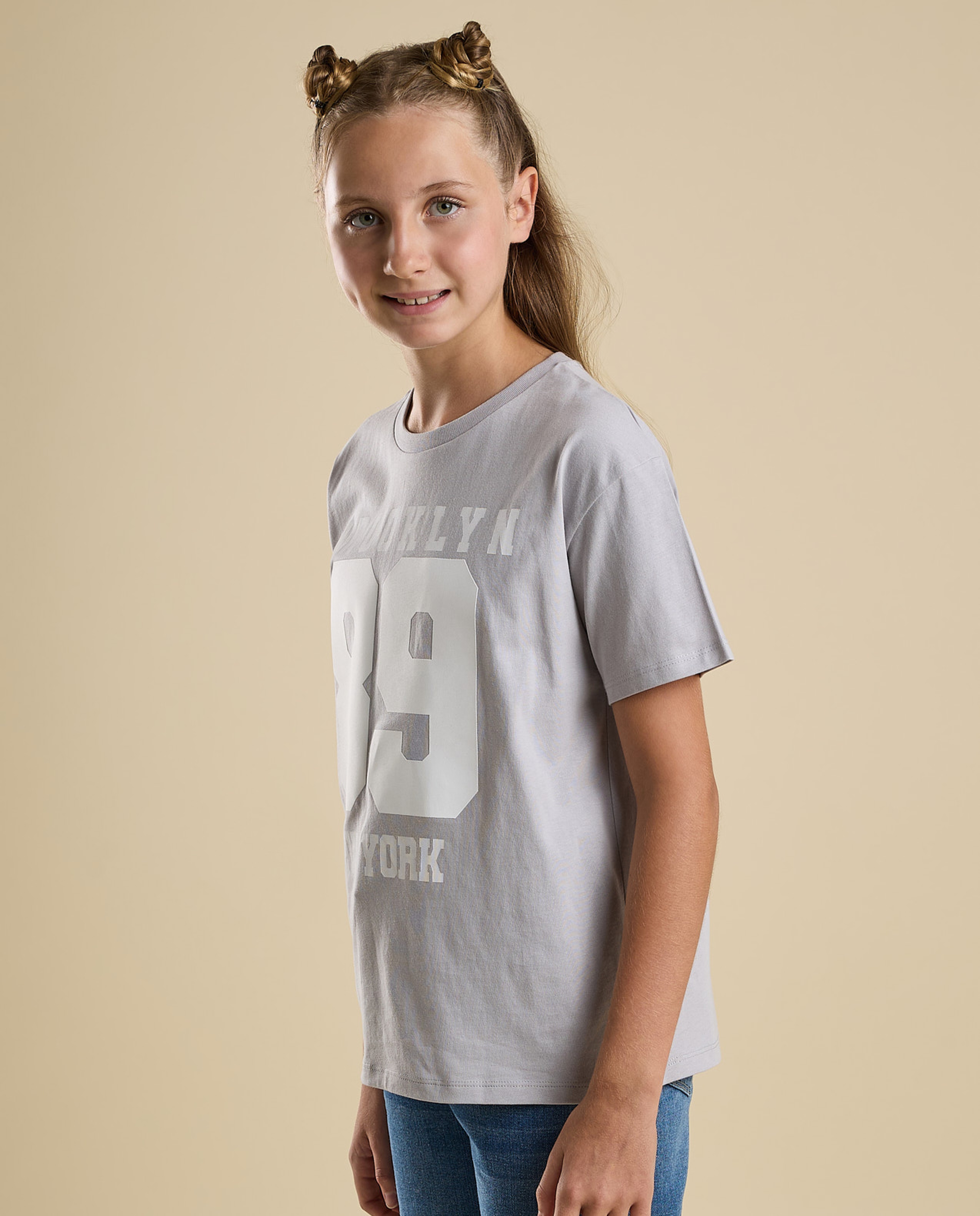 Typography Print T-Shirt with Crew Neck and Short Sleeves