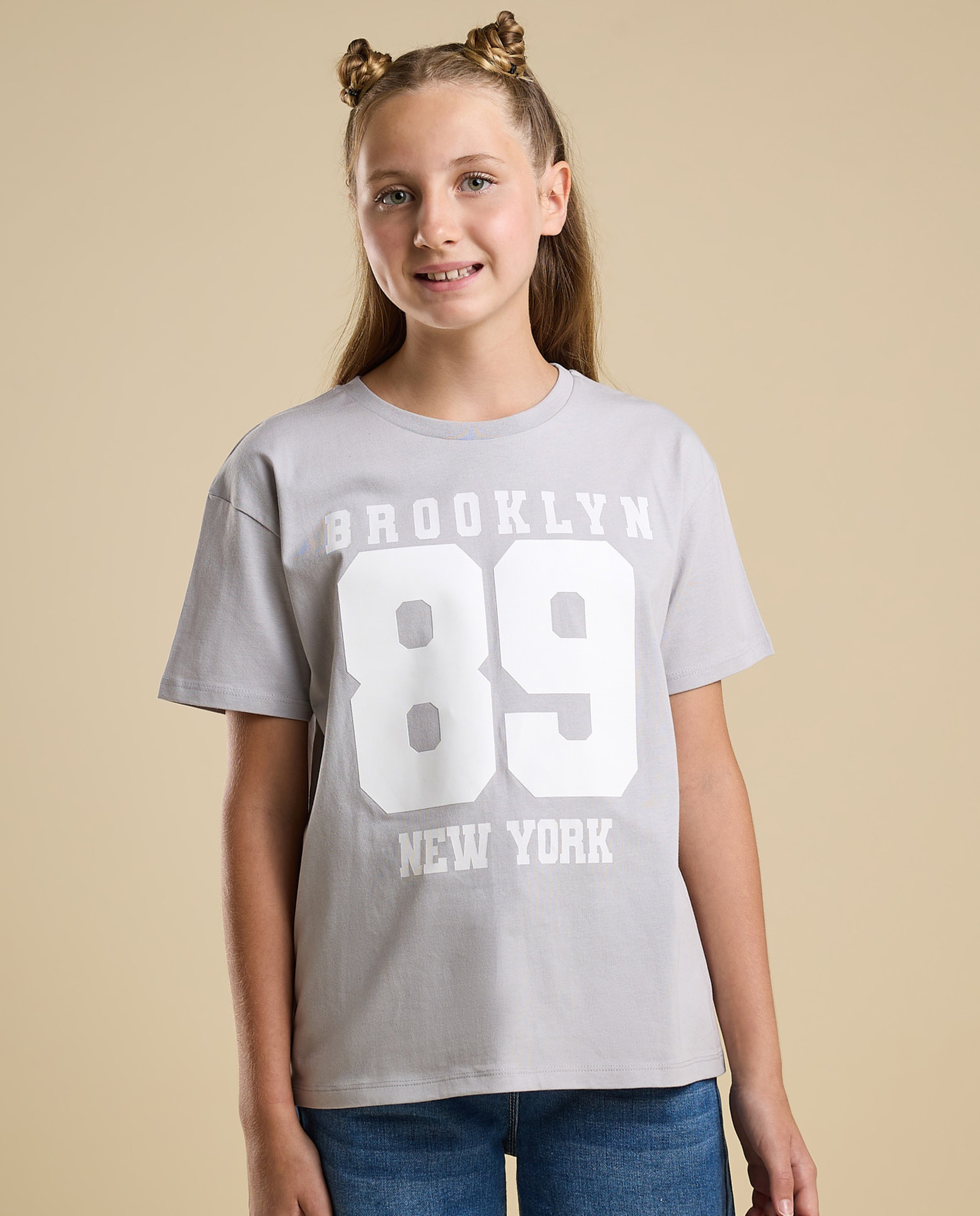 Typography Print T-Shirt with Crew Neck and Short Sleeves