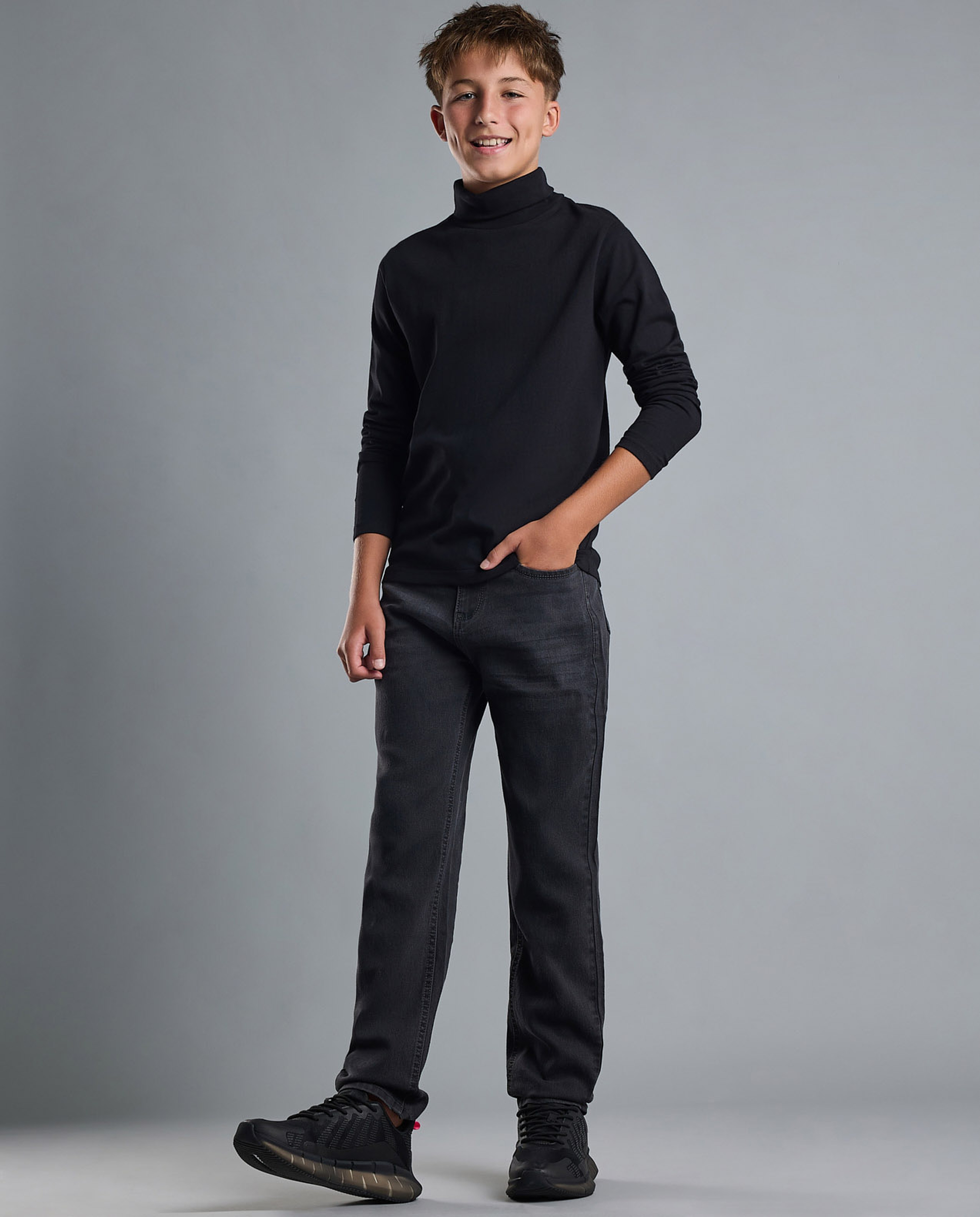 Solid T-Shirt with High Neck and Long Sleeves