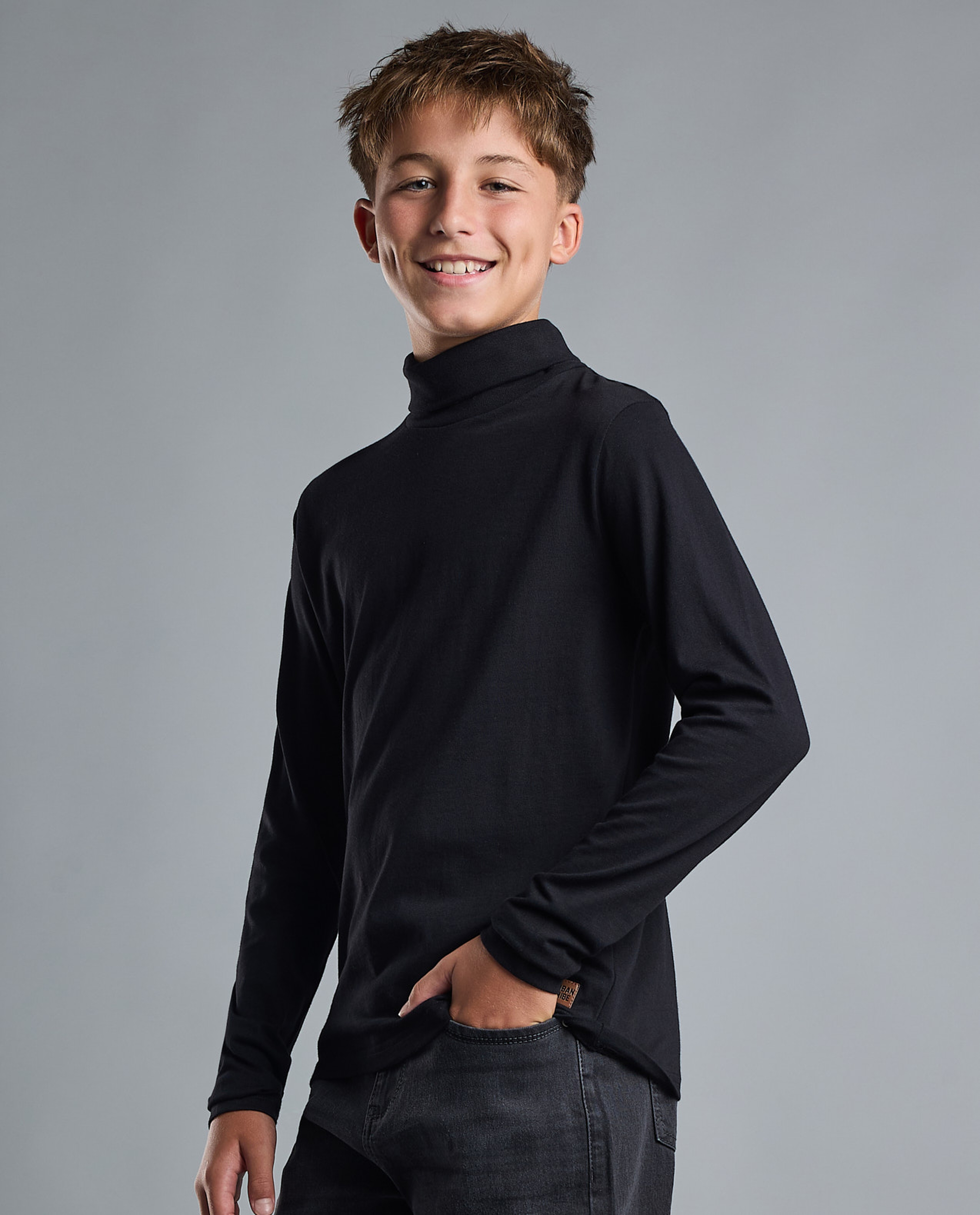 Solid T-Shirt with High Neck and Long Sleeves