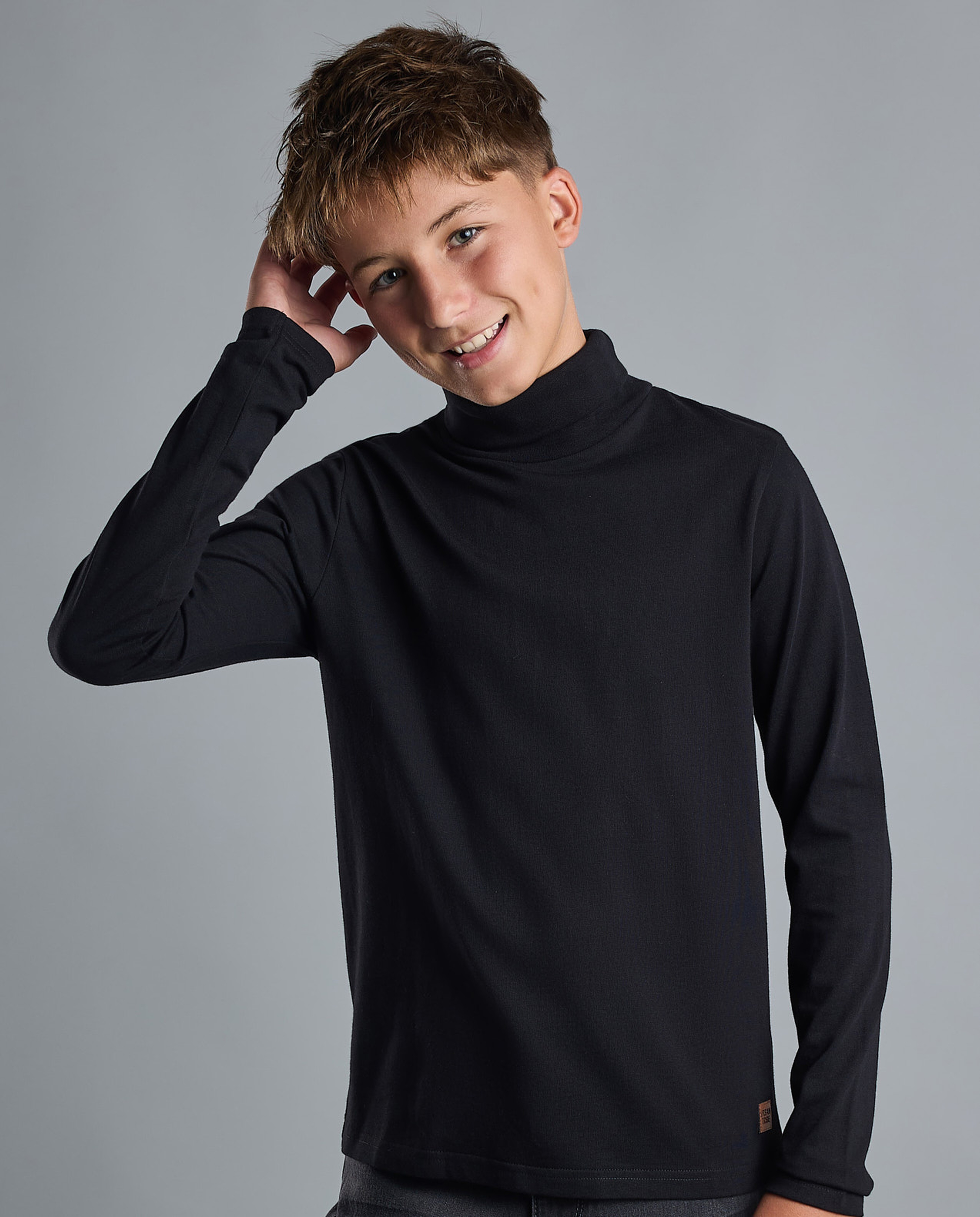 Solid T-Shirt with High Neck and Long Sleeves