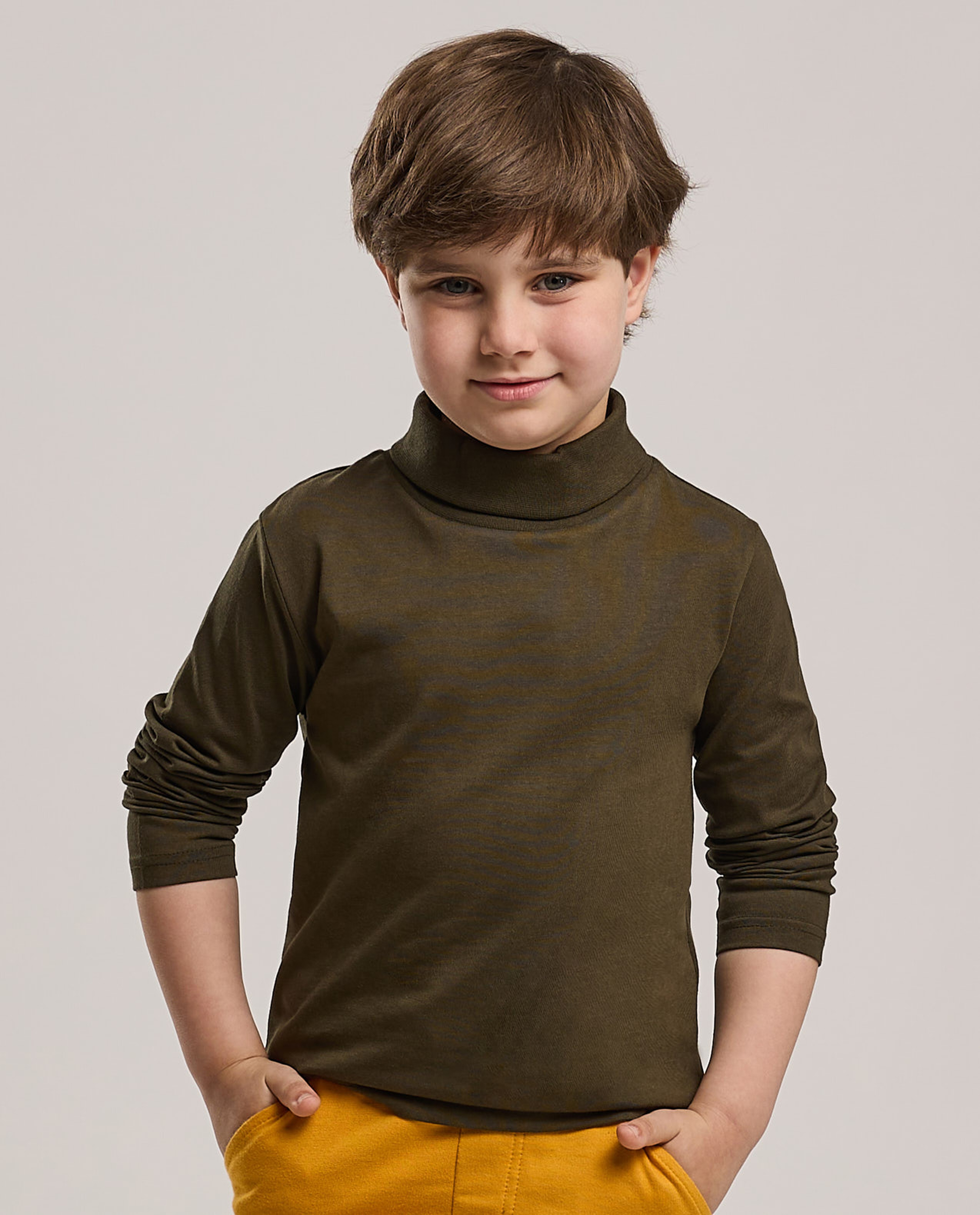 Solid T-Shirt with High Neck and Long Sleeves