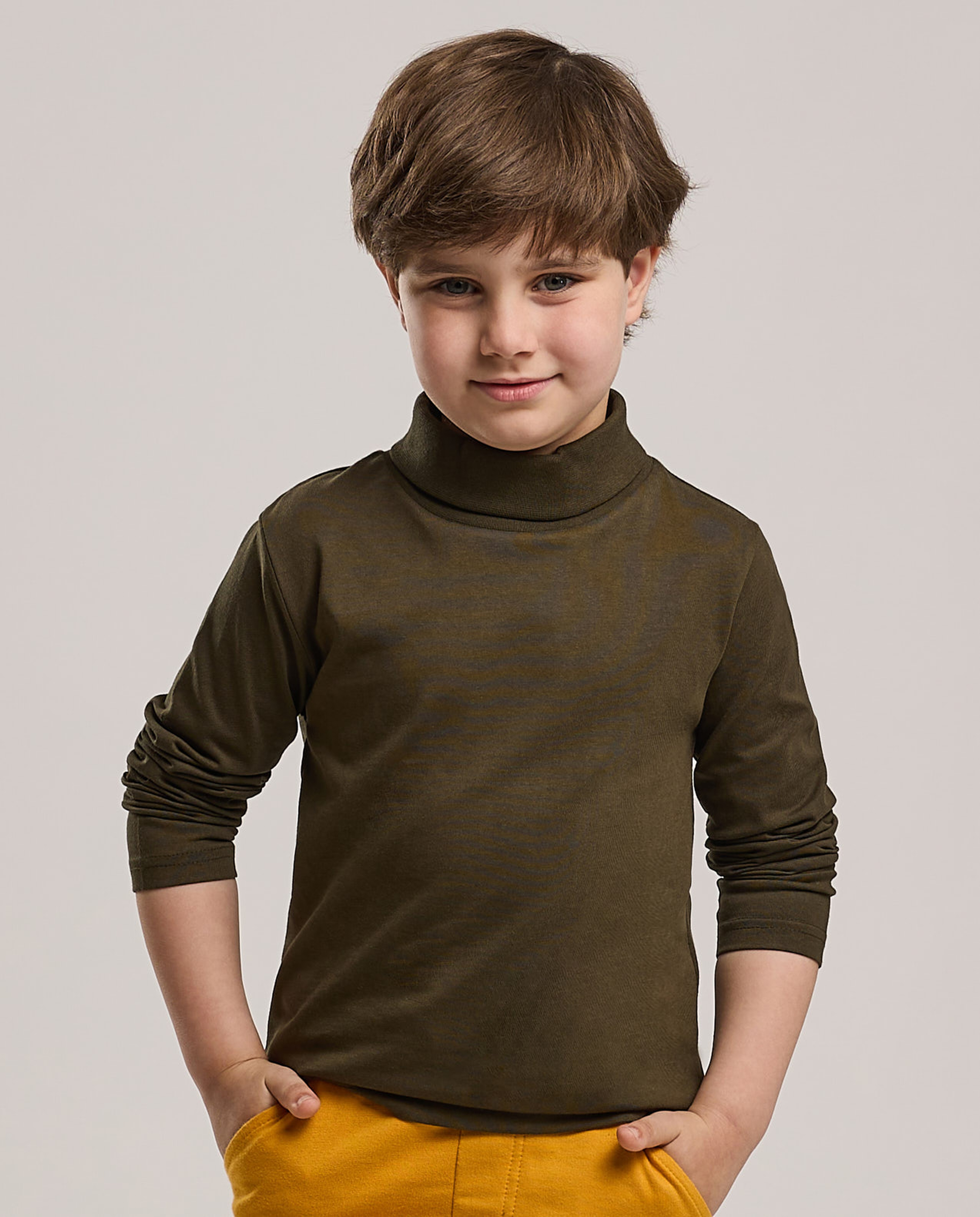 Solid T-Shirt with High Neck and Long Sleeves