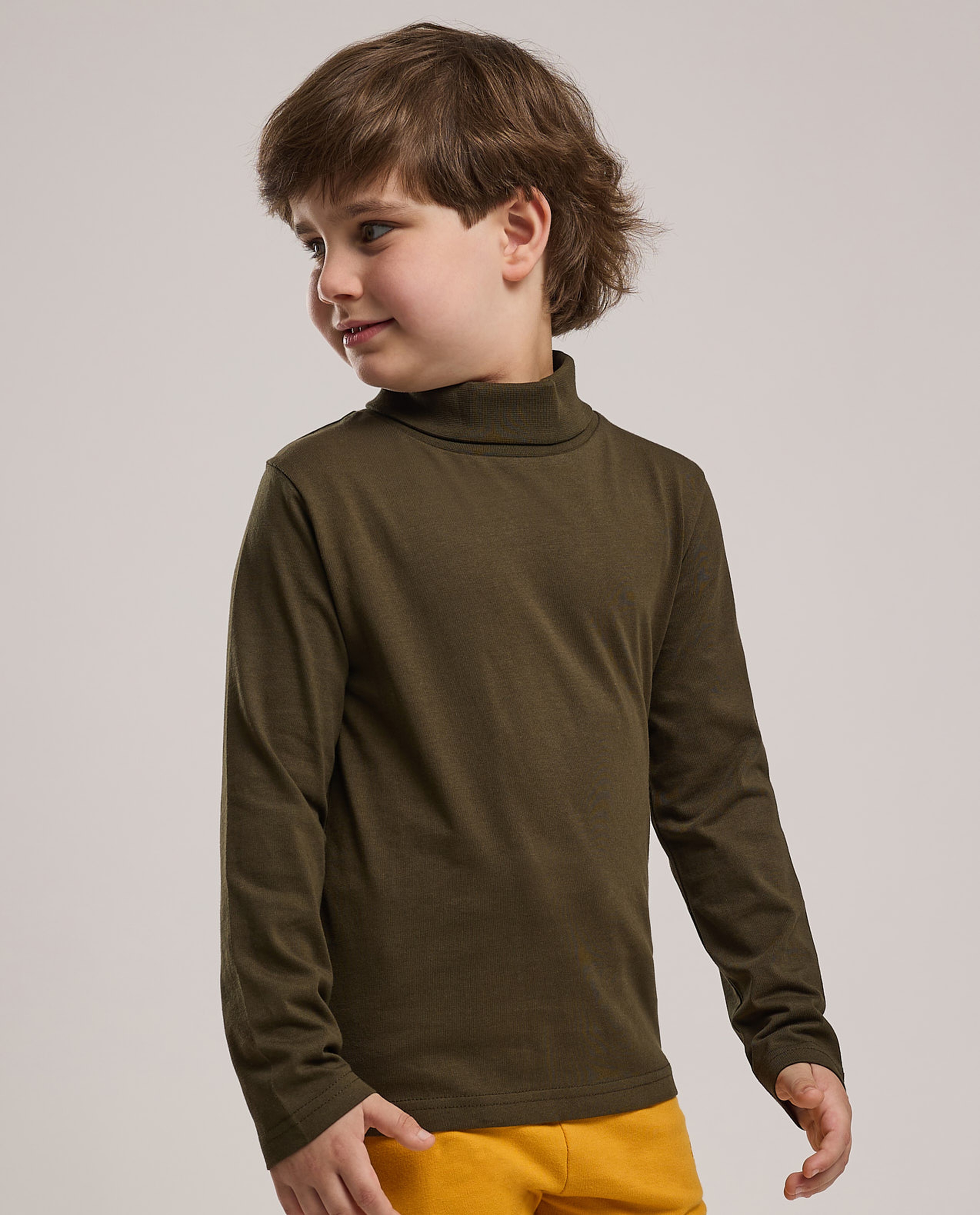 Solid T-Shirt with High Neck and Long Sleeves