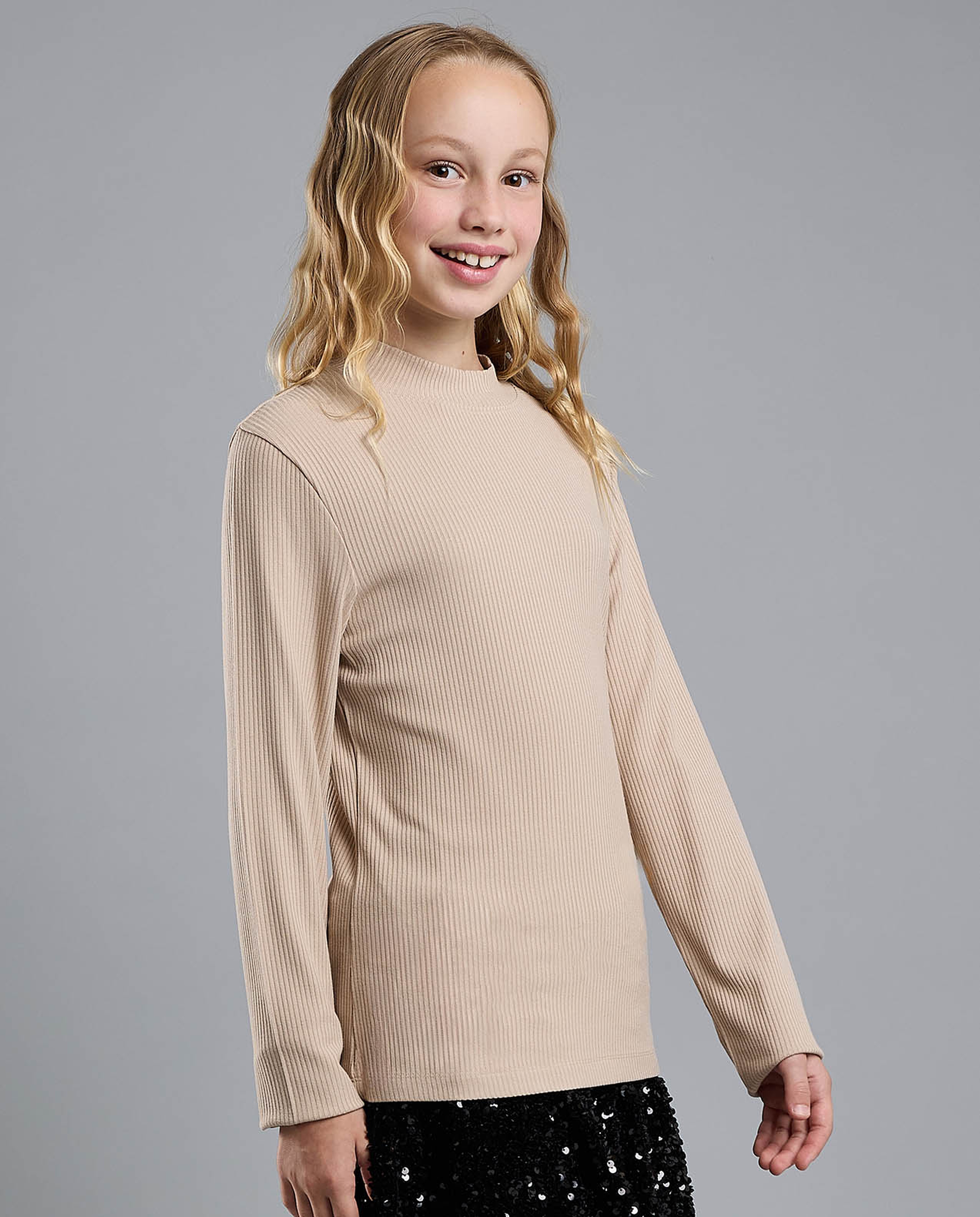 Ribbed Top with Mock Neck and Long Sleeves