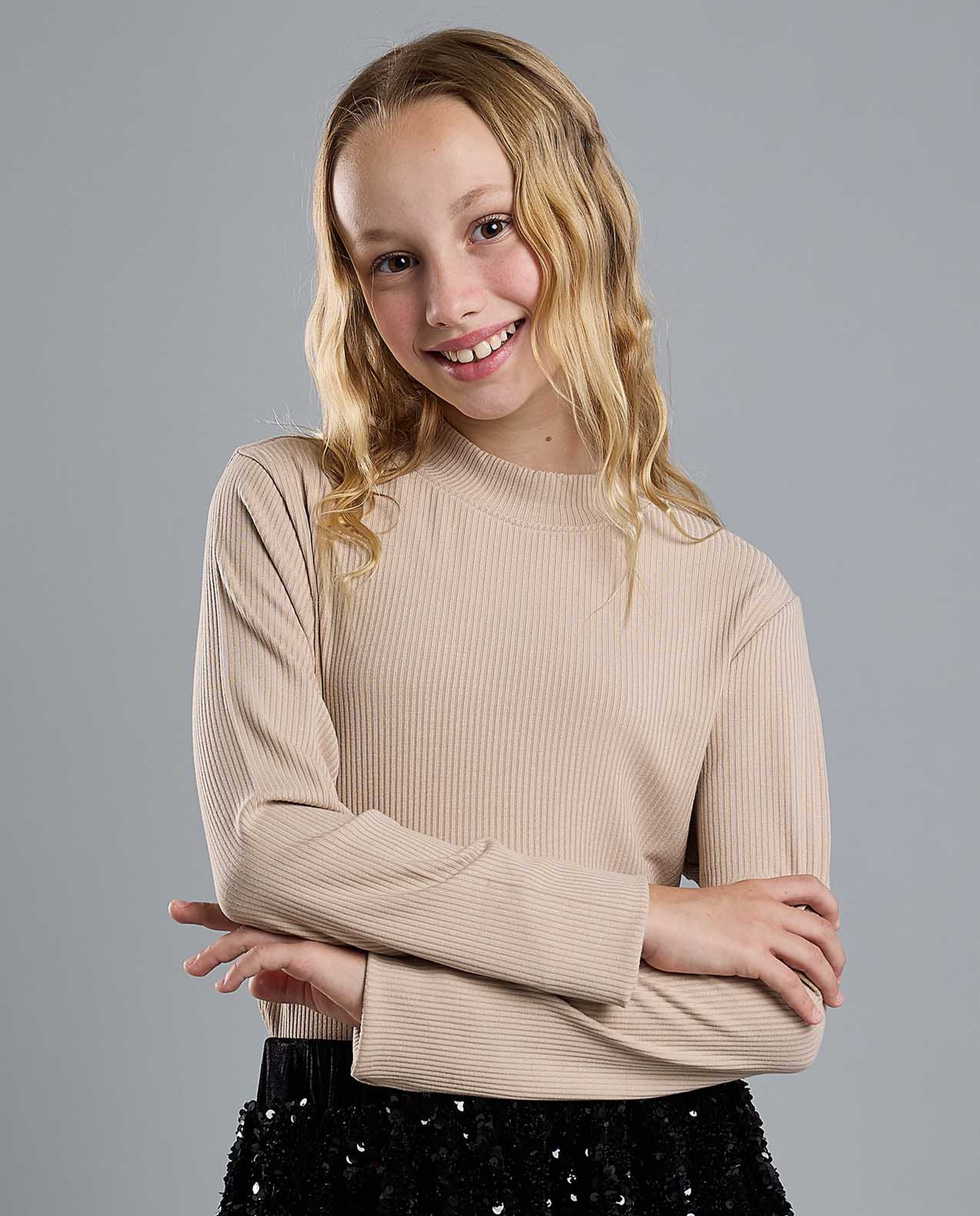 Ribbed Top with Mock Neck and Long Sleeves