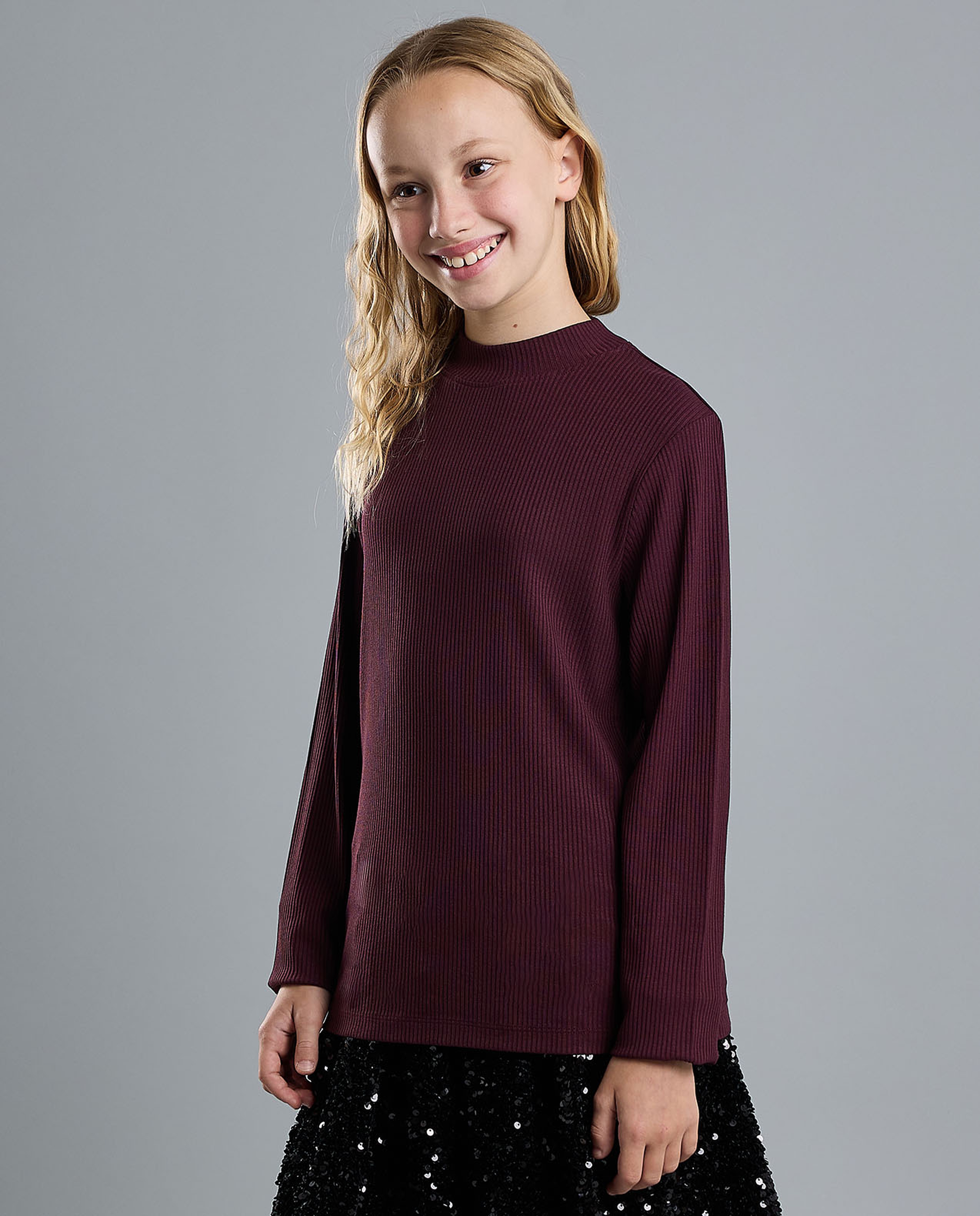 Ribbed Top with Mock Neck and Long Sleeves