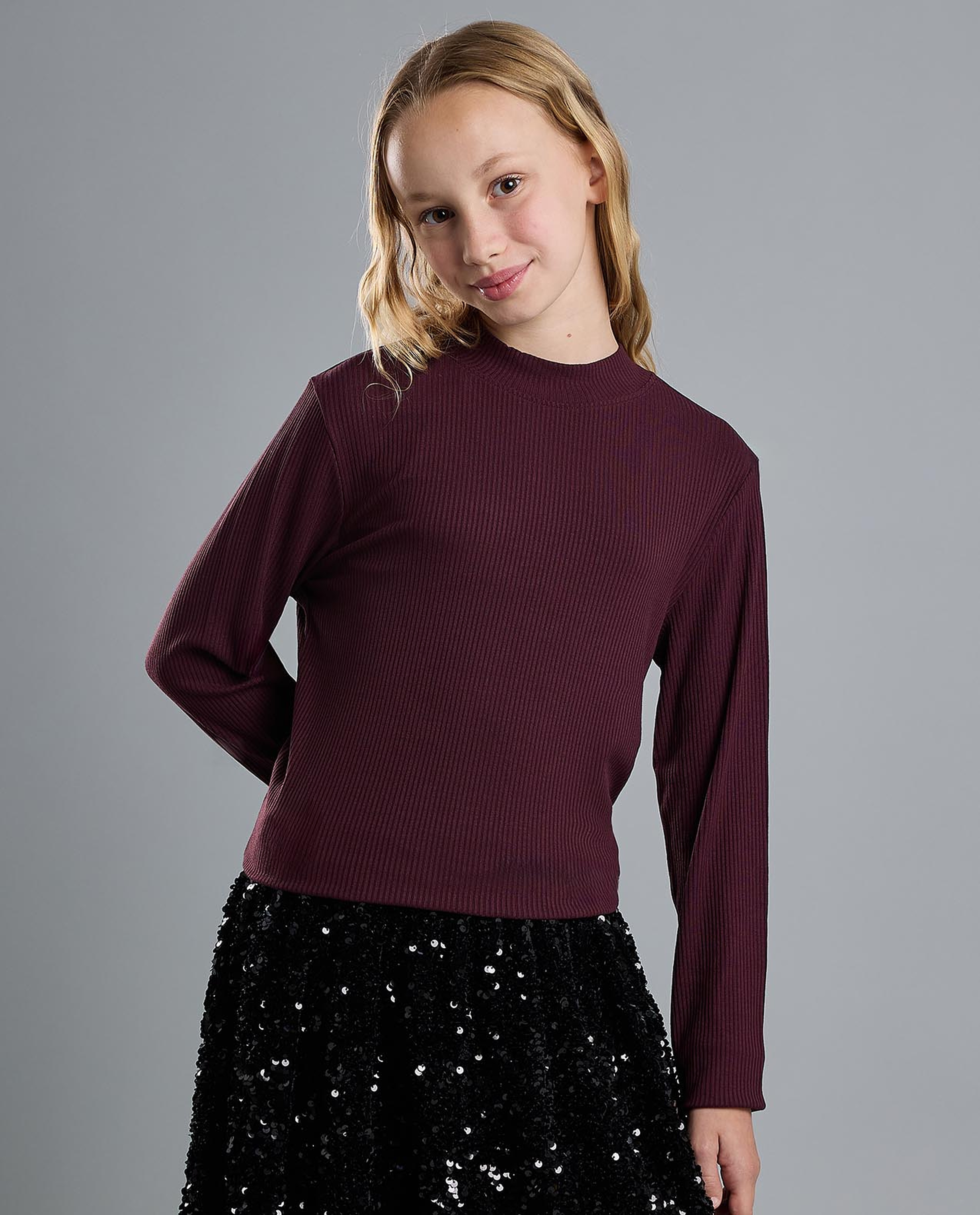 Ribbed Top with Mock Neck and Long Sleeves