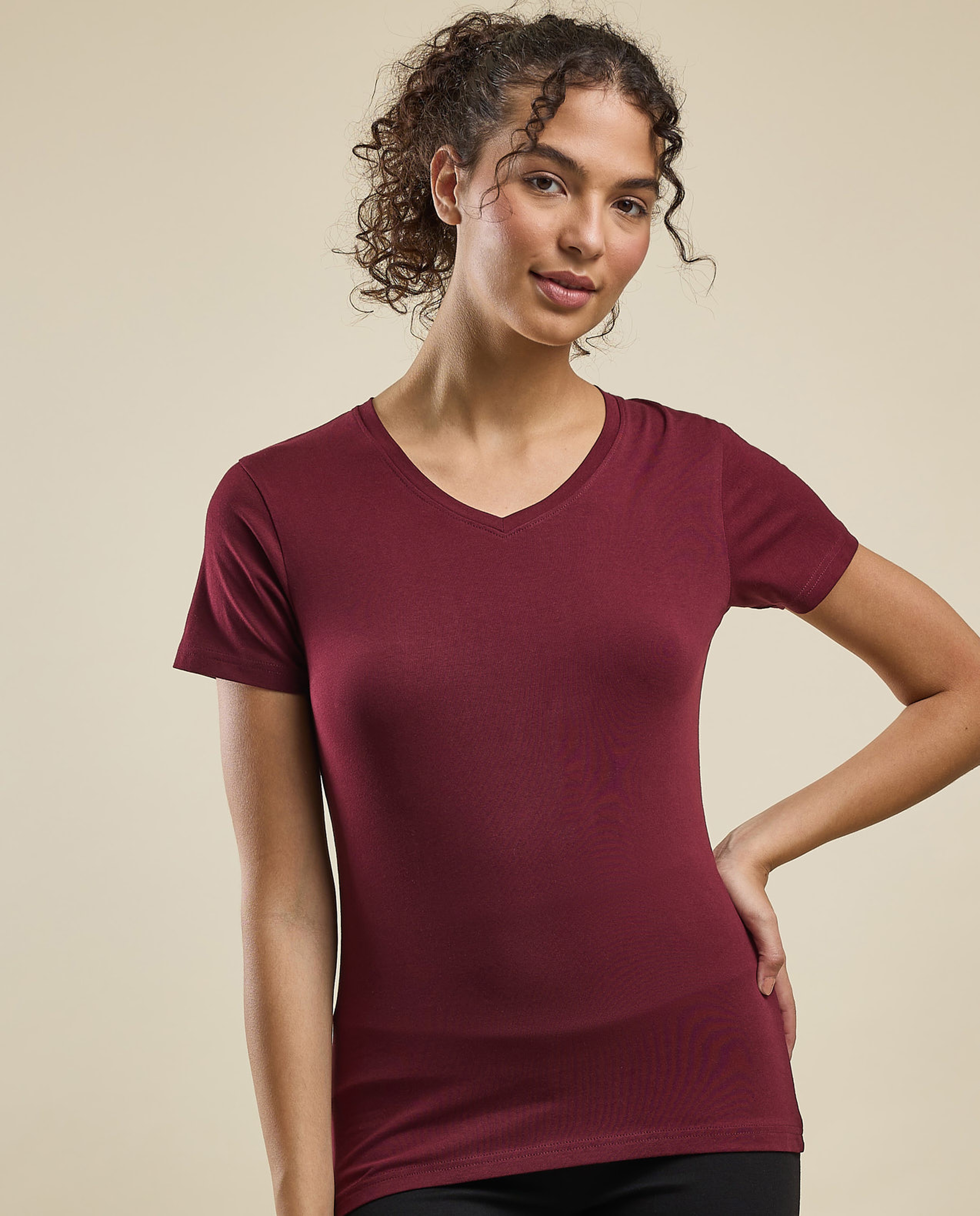 Solid T-Shirt with V-Neck and Short Sleeves