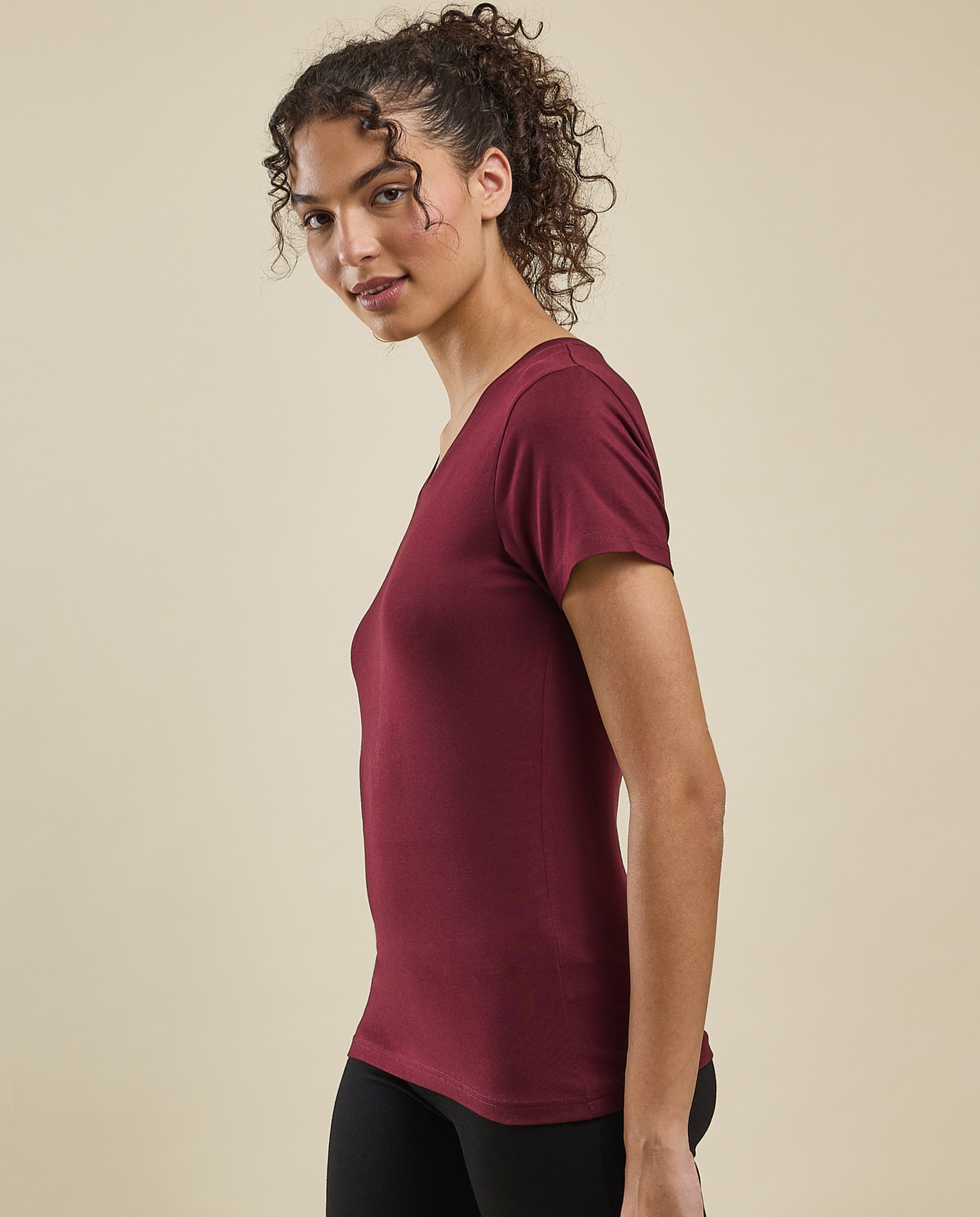 Solid T-Shirt with V-Neck and Short Sleeves