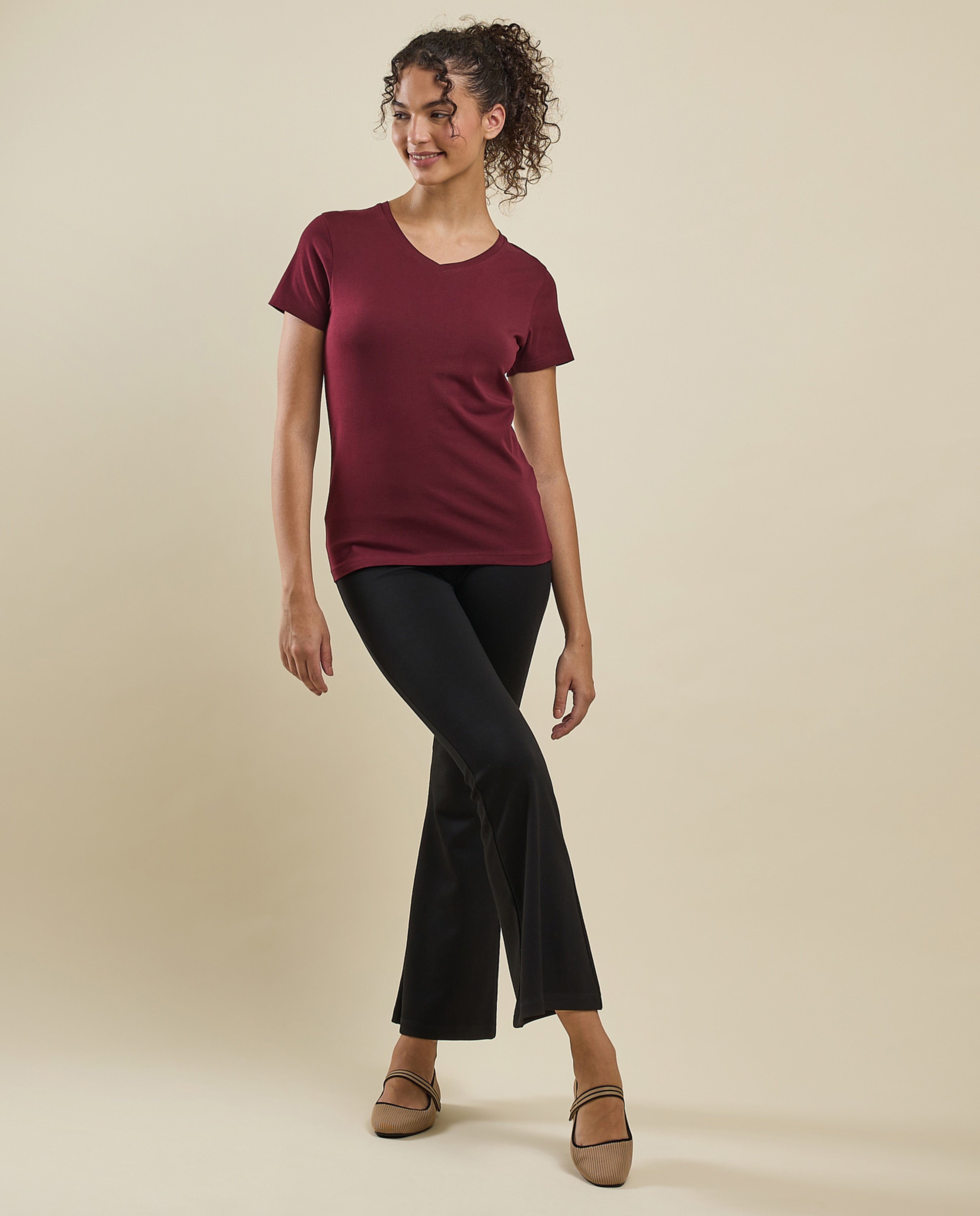 Solid T-Shirt with V-Neck and Short Sleeves