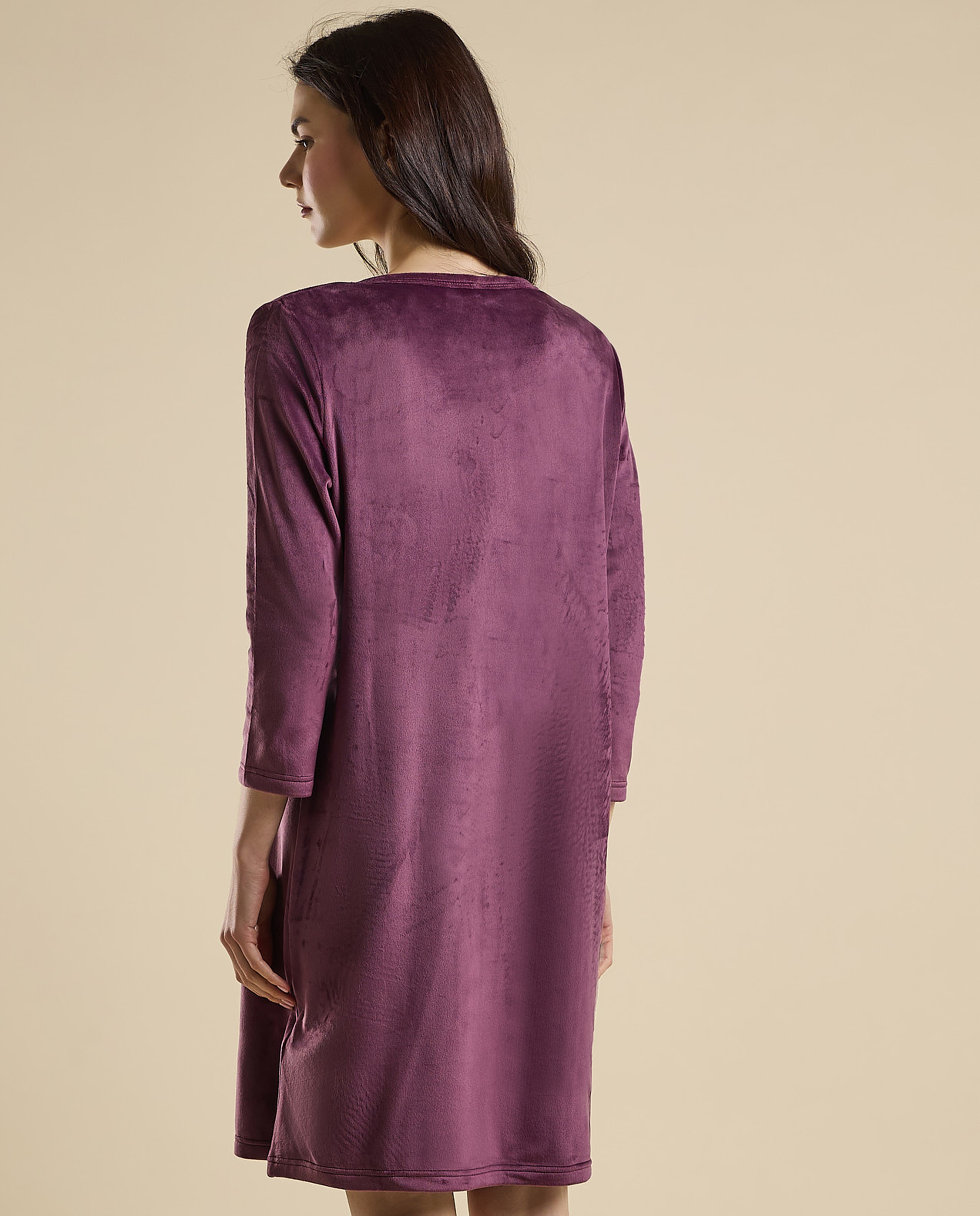 Printed Nightdress with Crew Neck and 3/4 Sleeves