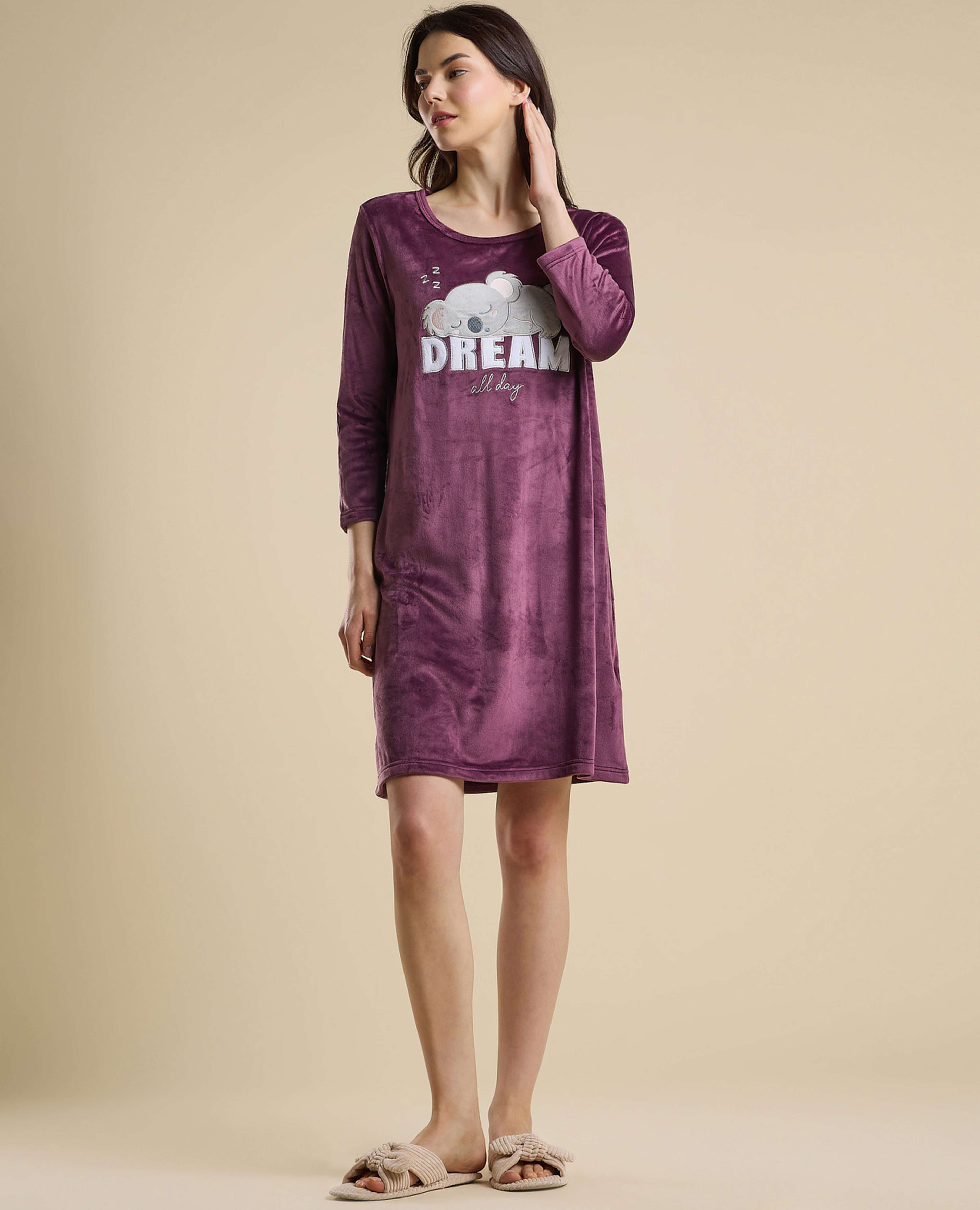 Printed Nightdress with Crew Neck and 3/4 Sleeves