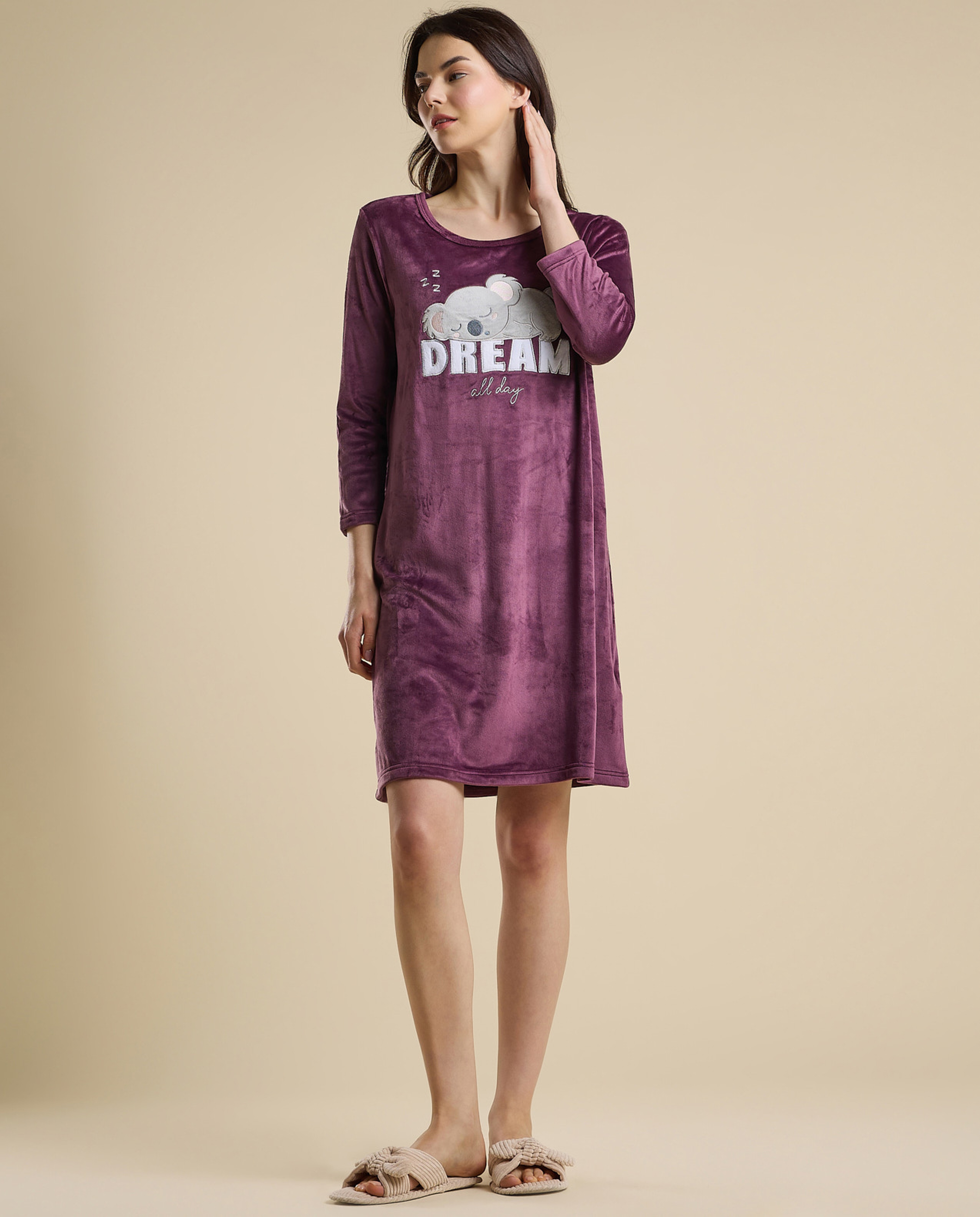 Printed Nightdress with Crew Neck and 3/4 Sleeves