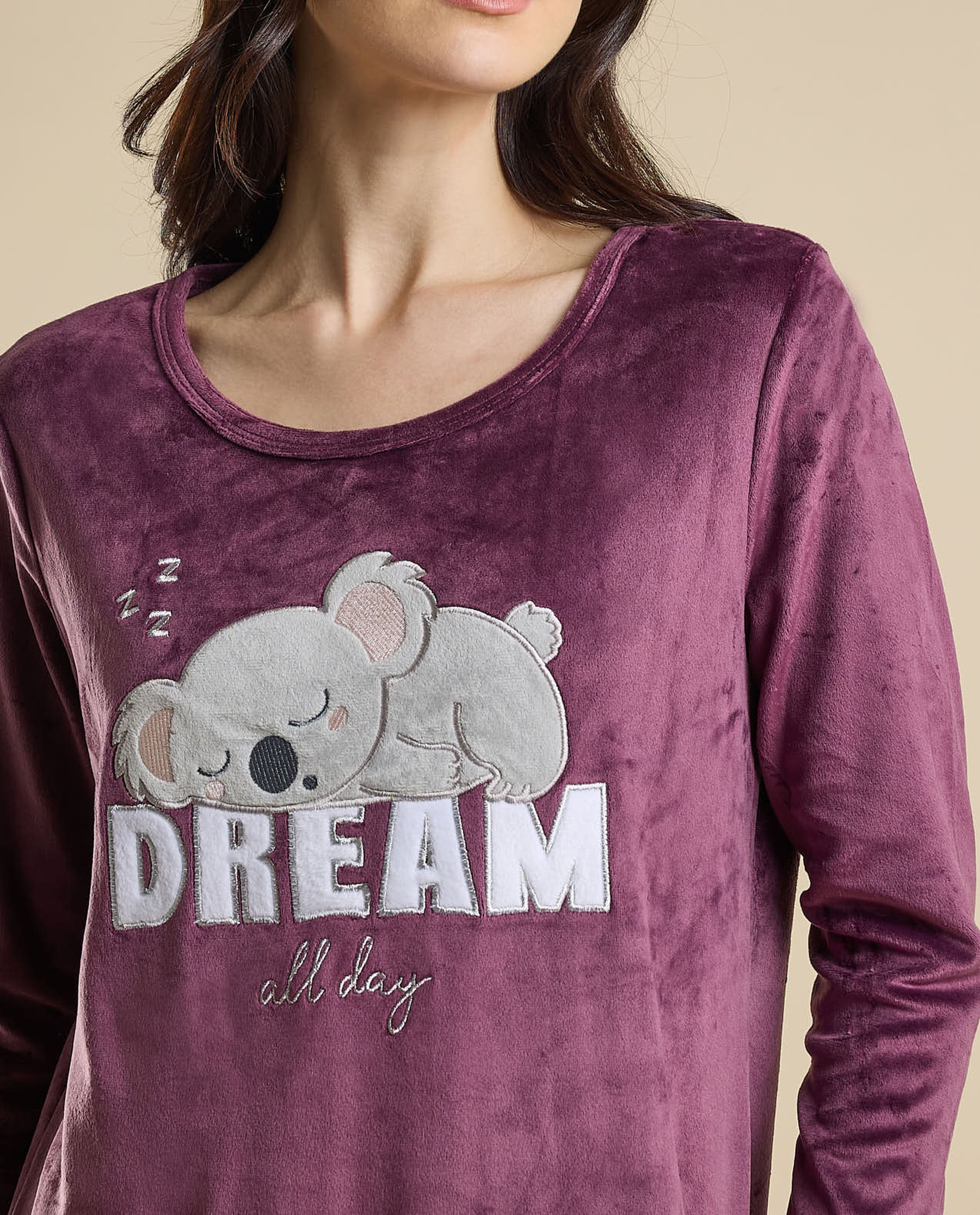 Printed Nightdress with Crew Neck and 3/4 Sleeves