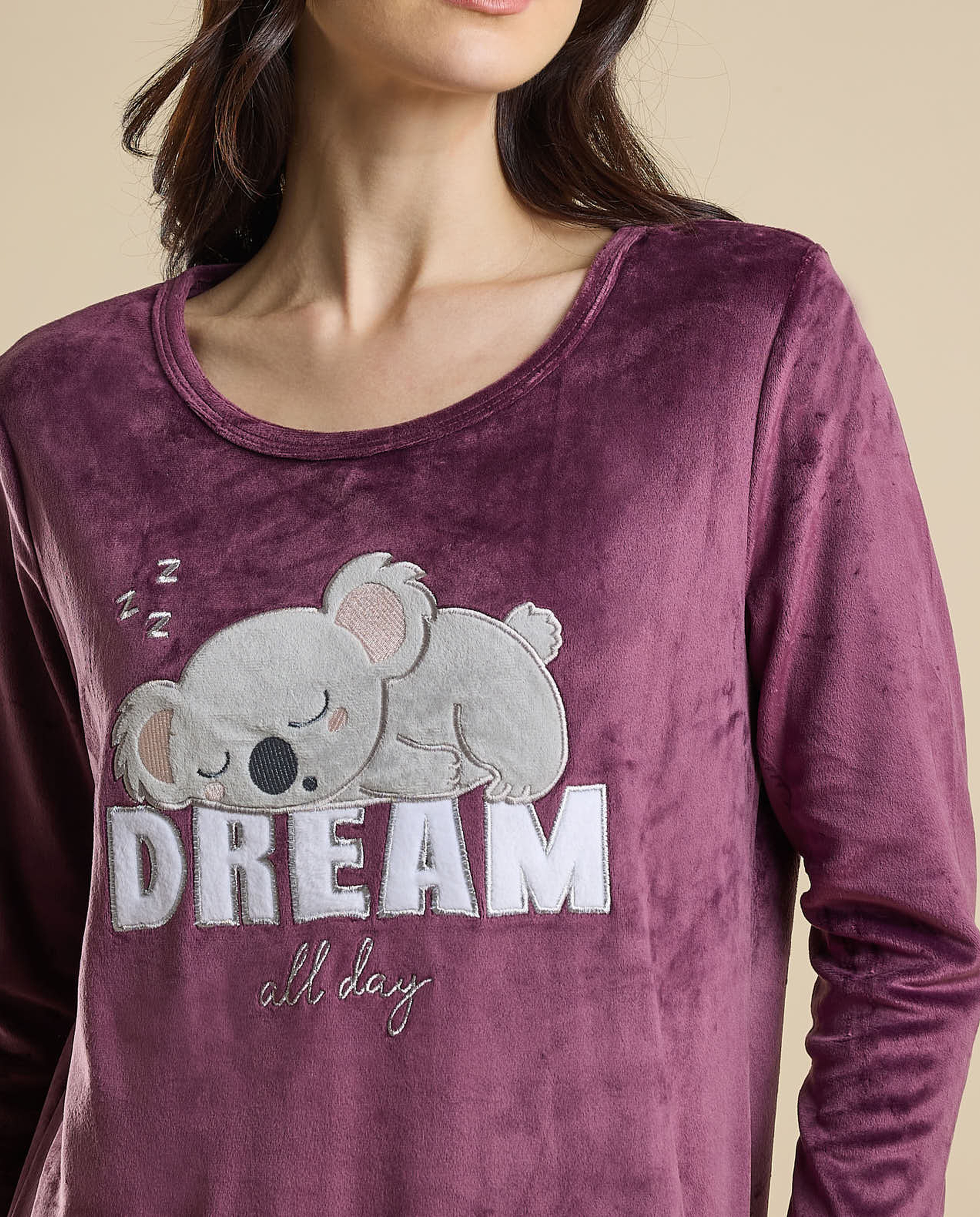 Printed Nightdress with Crew Neck and 3/4 Sleeves