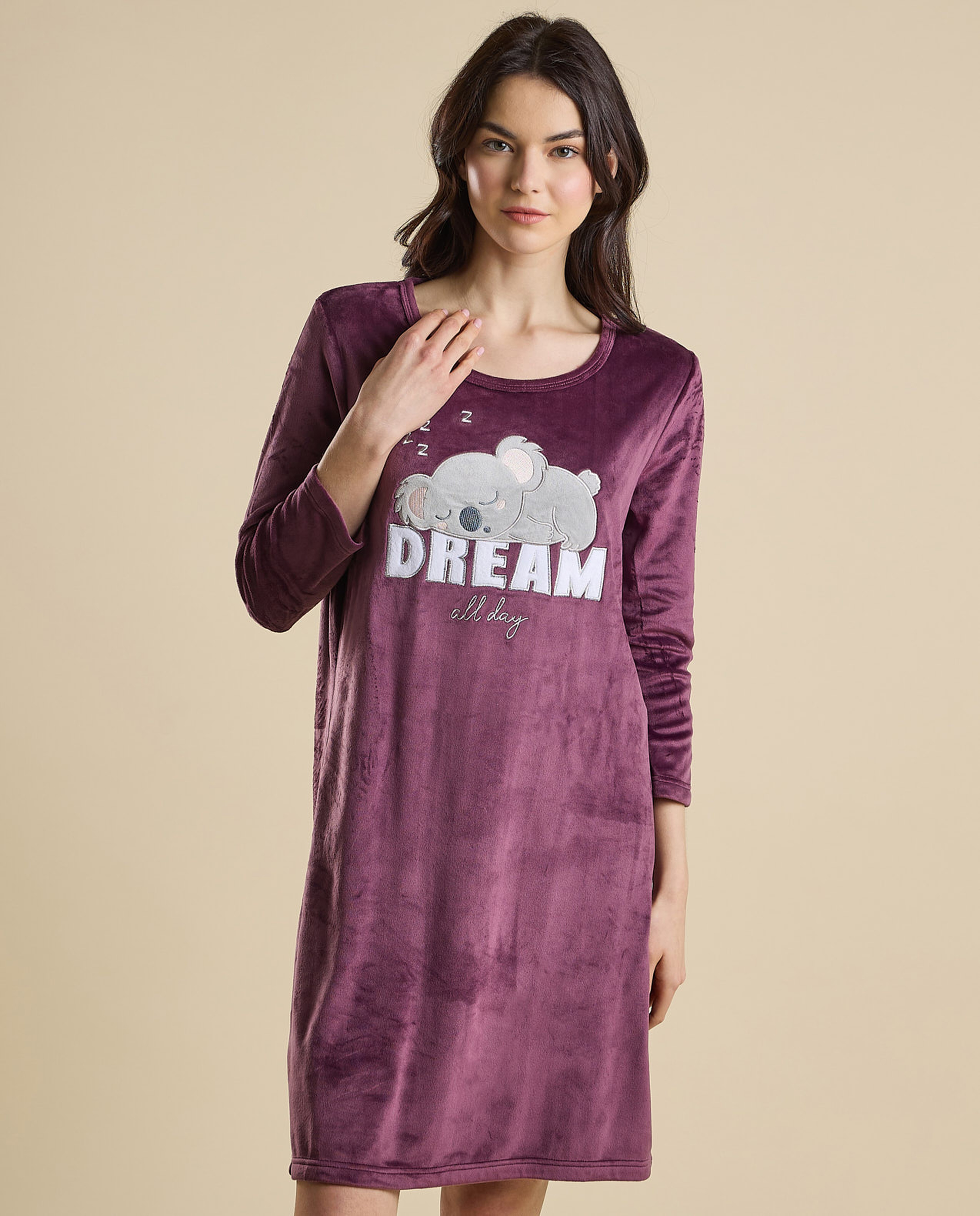 Printed Nightdress with Crew Neck and 3/4 Sleeves
