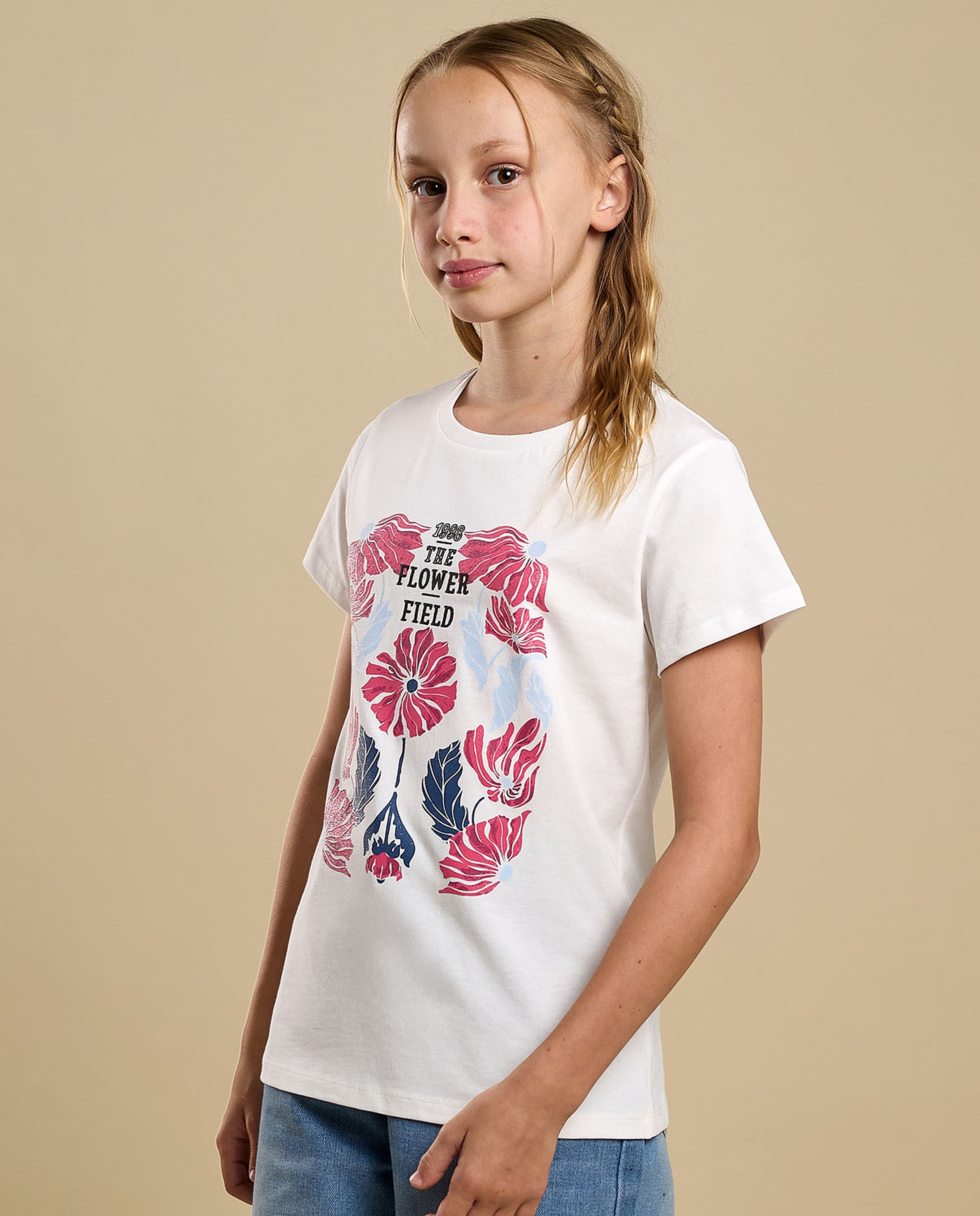 Graphic Print T-Shirt with Crew Neck and Short Sleeves