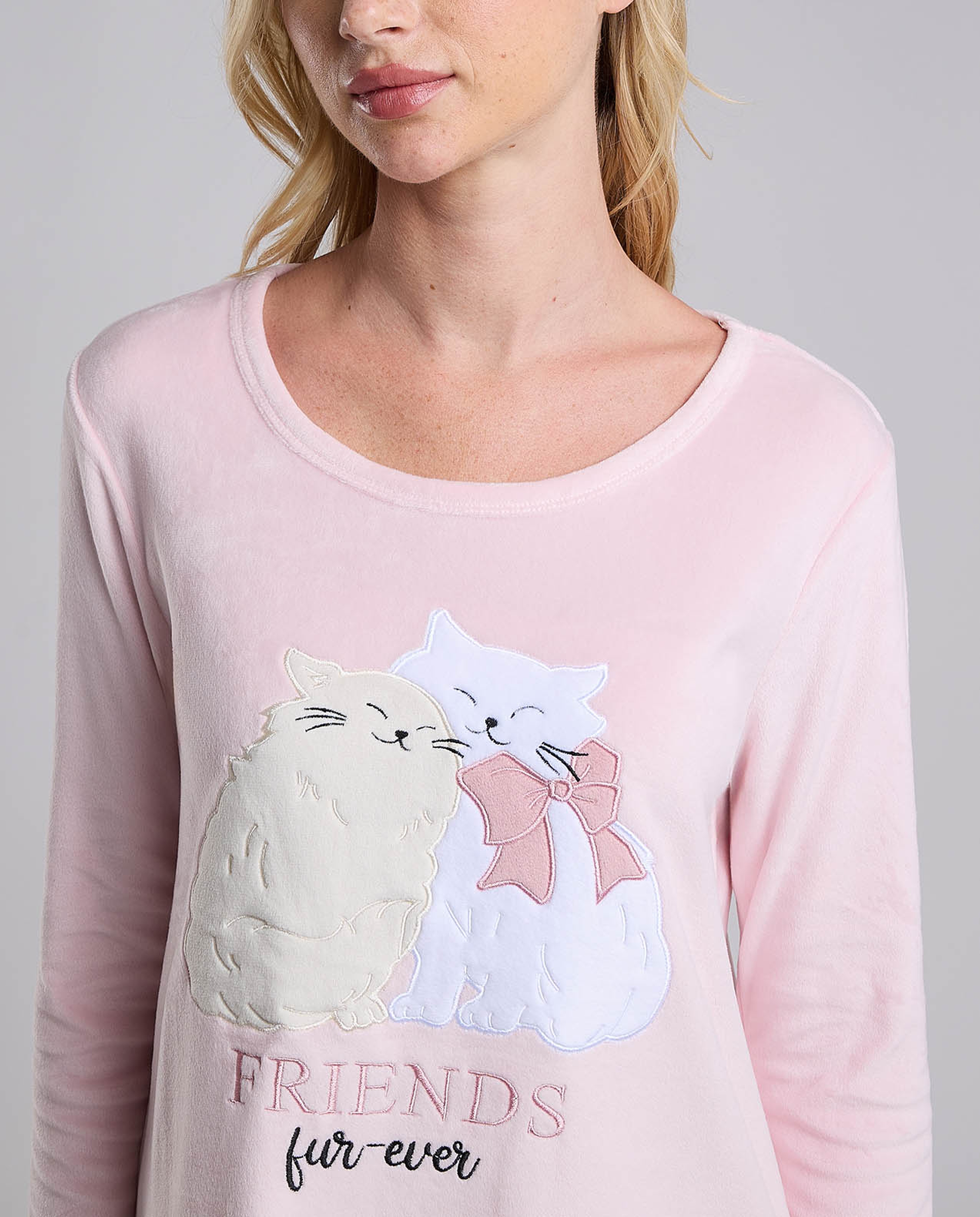Printed Nightdress with Crew Neck and Long Sleeves
