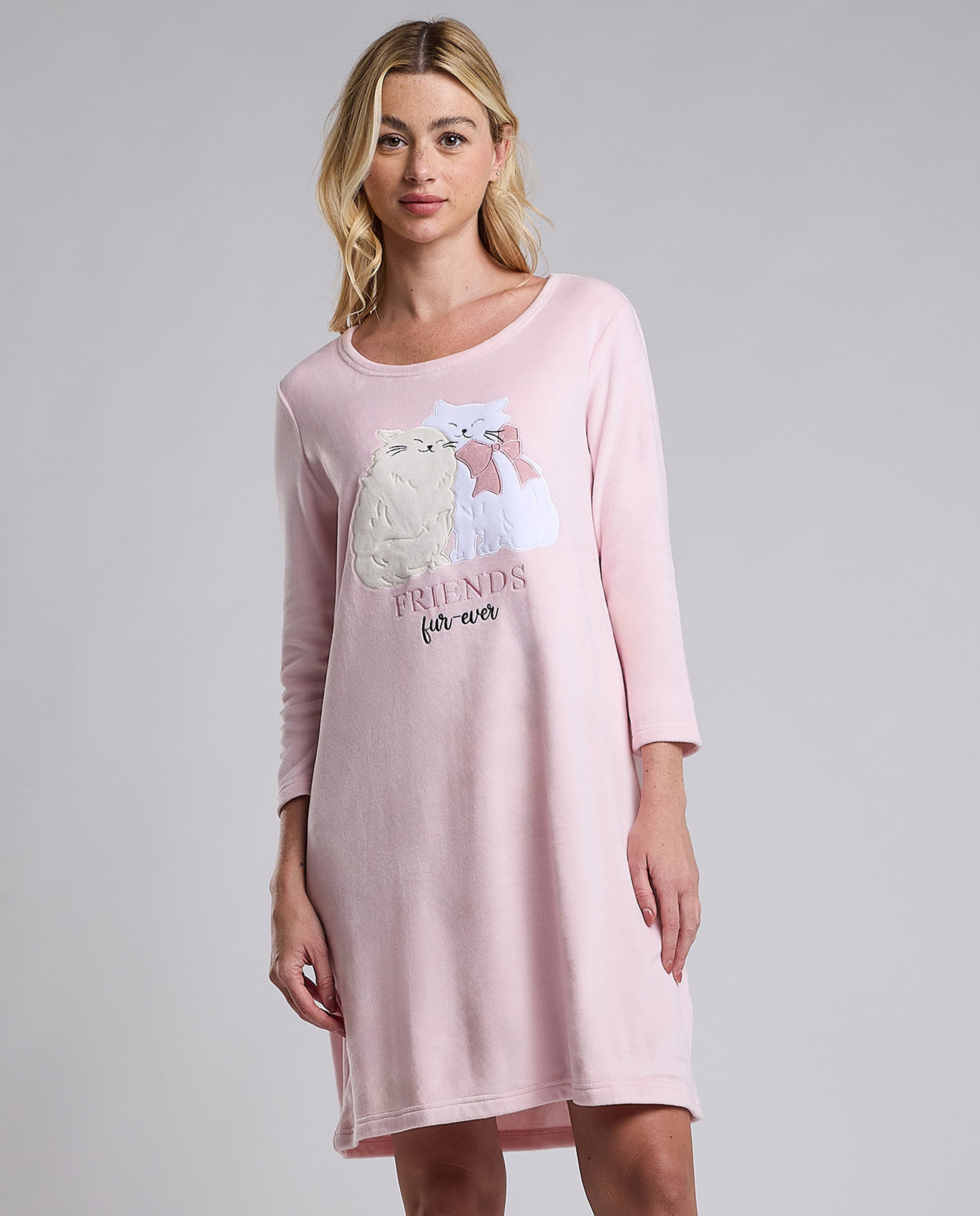 Printed Nightdress with Crew Neck and Long Sleeves