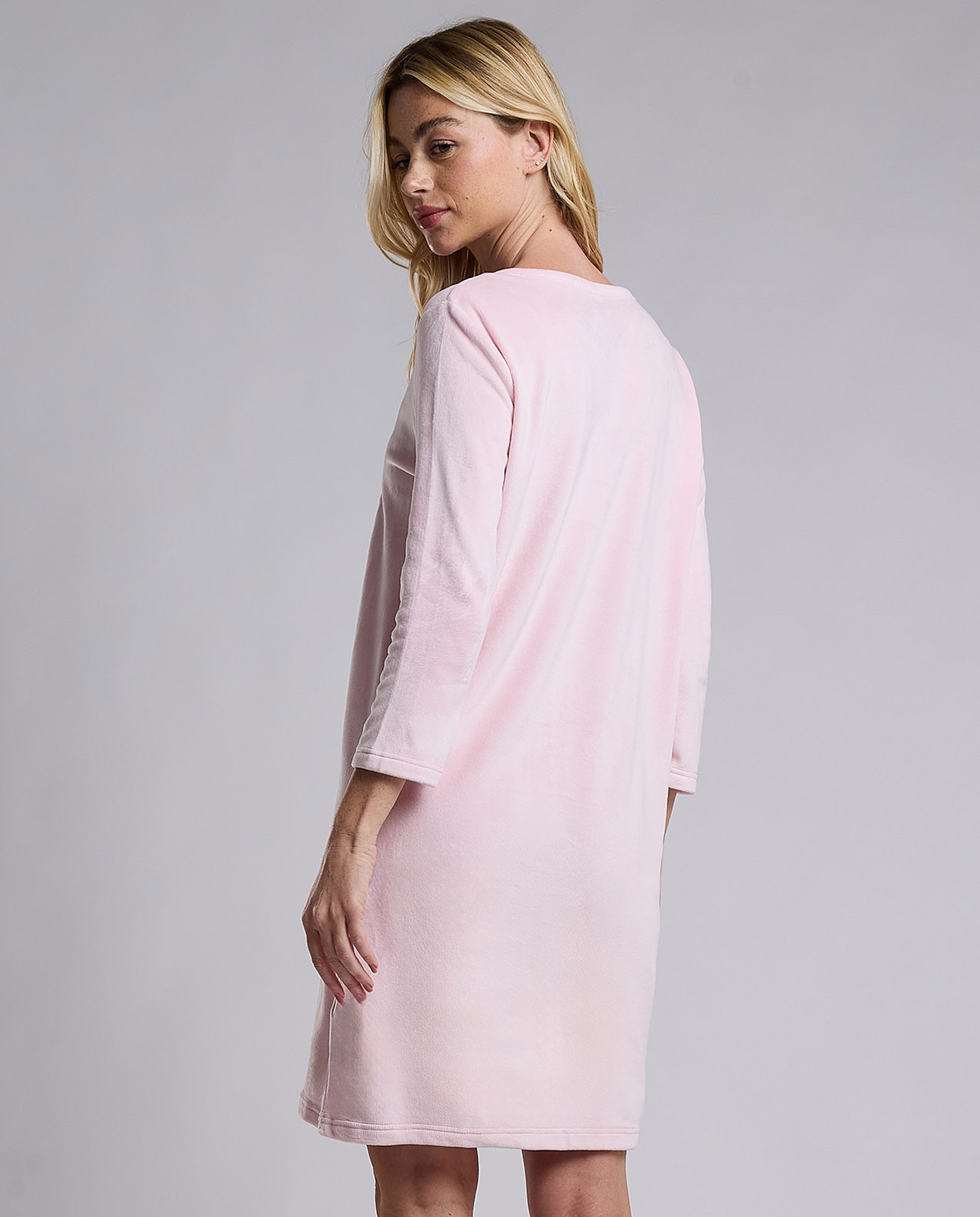Printed Nightdress with Crew Neck and Long Sleeves