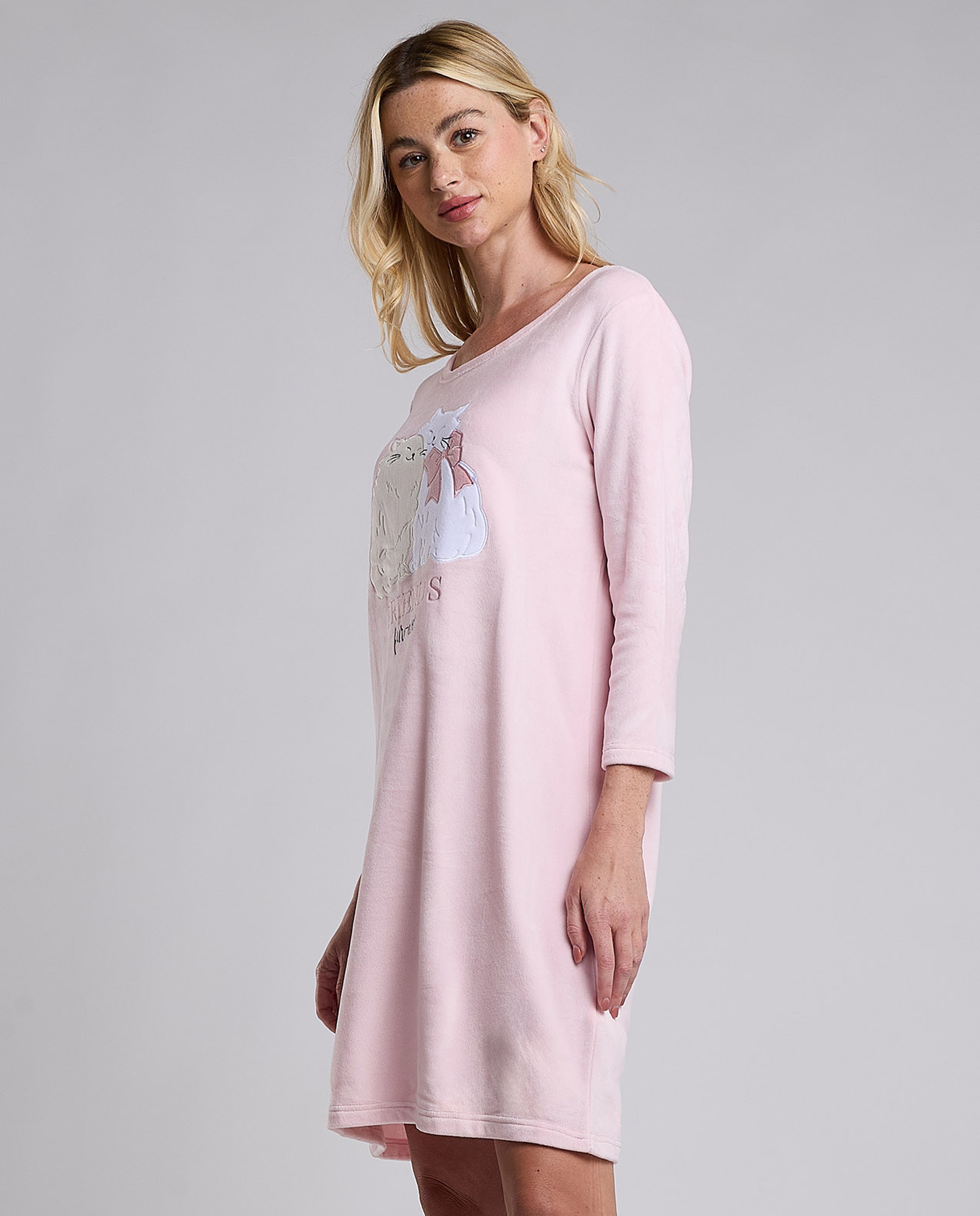 Printed Nightdress with Crew Neck and Long Sleeves
