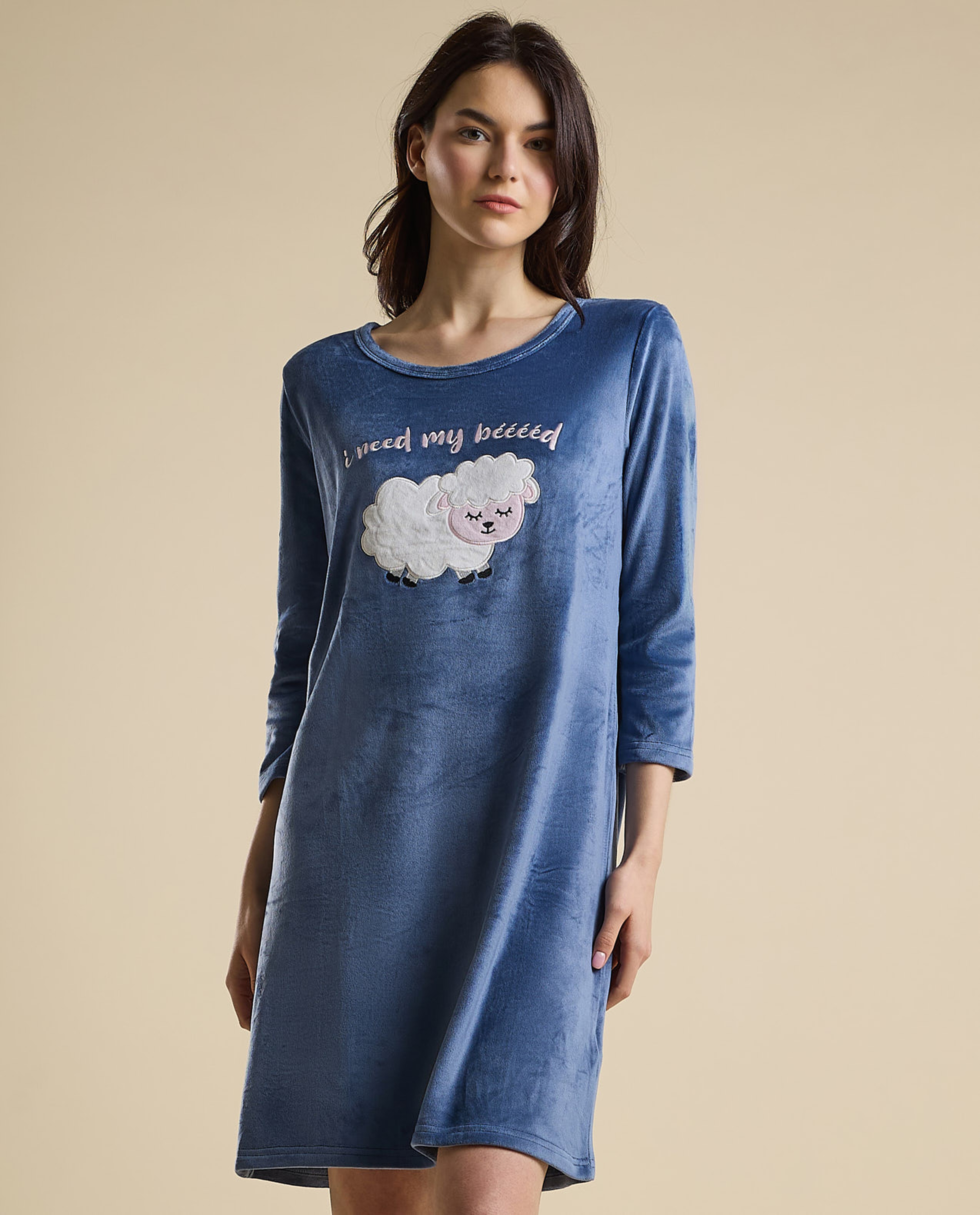 Printed Nightdress with Crew Neck and 3/4 Sleeves