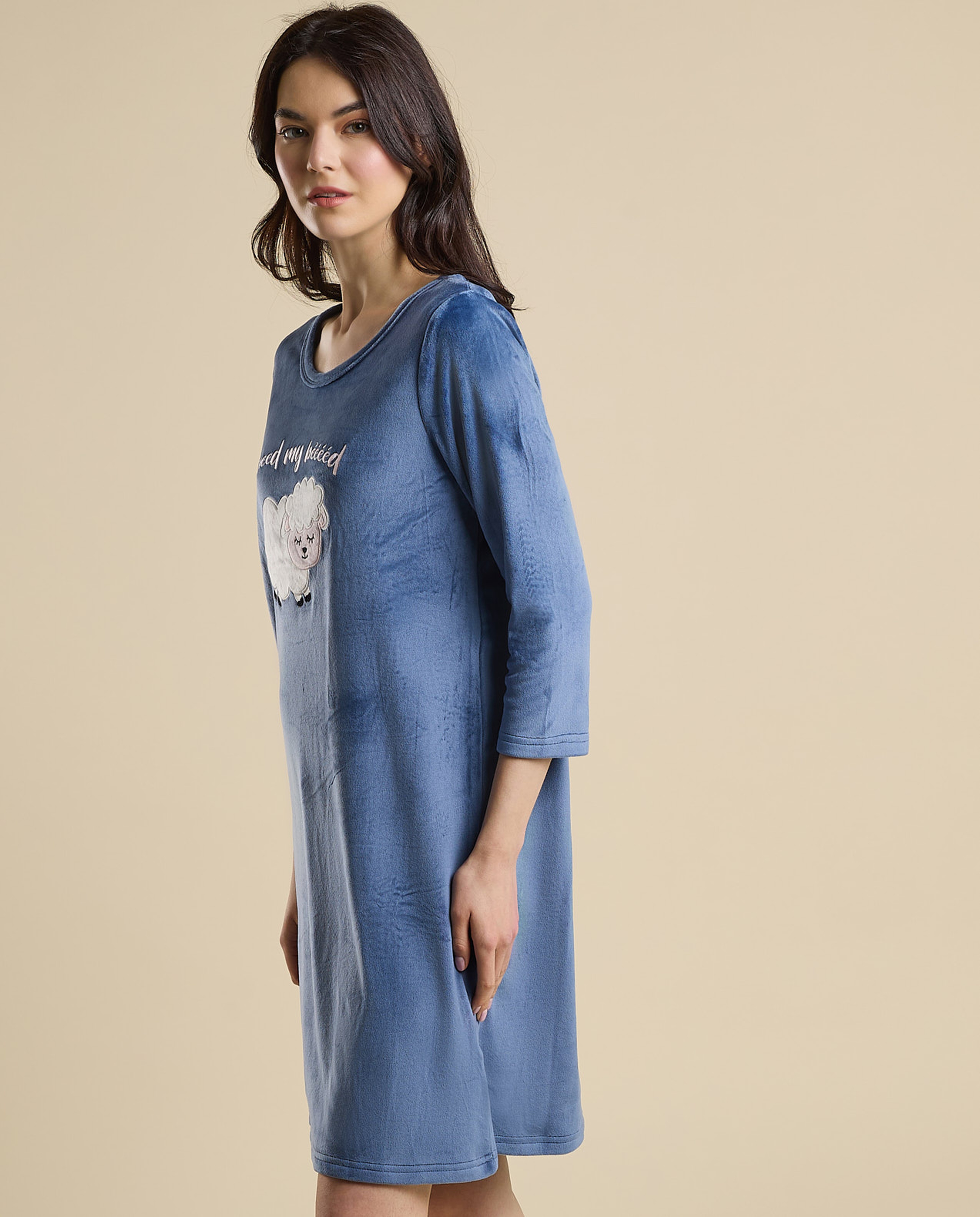 Printed Nightdress with Crew Neck and 3/4 Sleeves