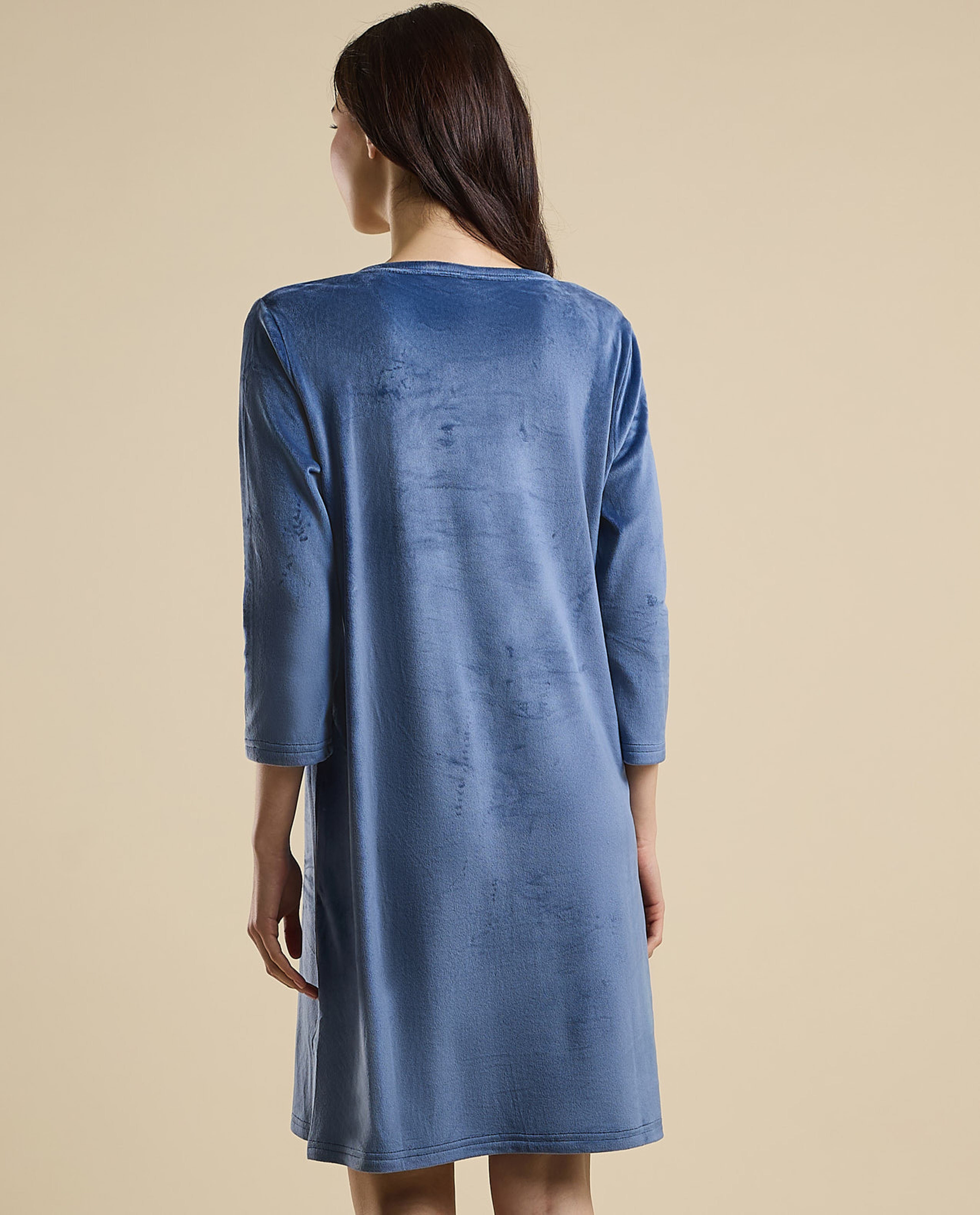 Printed Nightdress with Crew Neck and 3/4 Sleeves