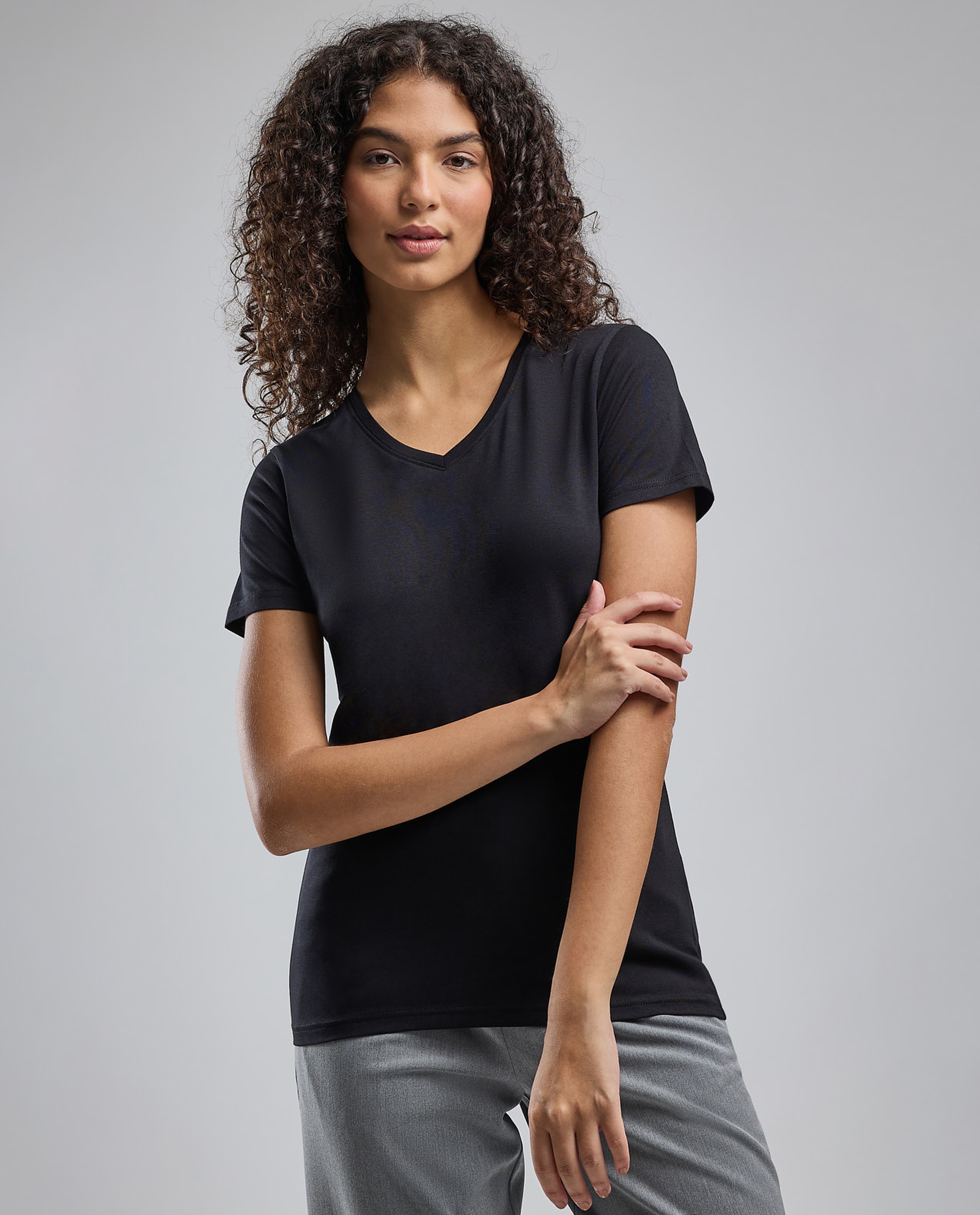Solid T-Shirt with V-Neck and Short Sleeves