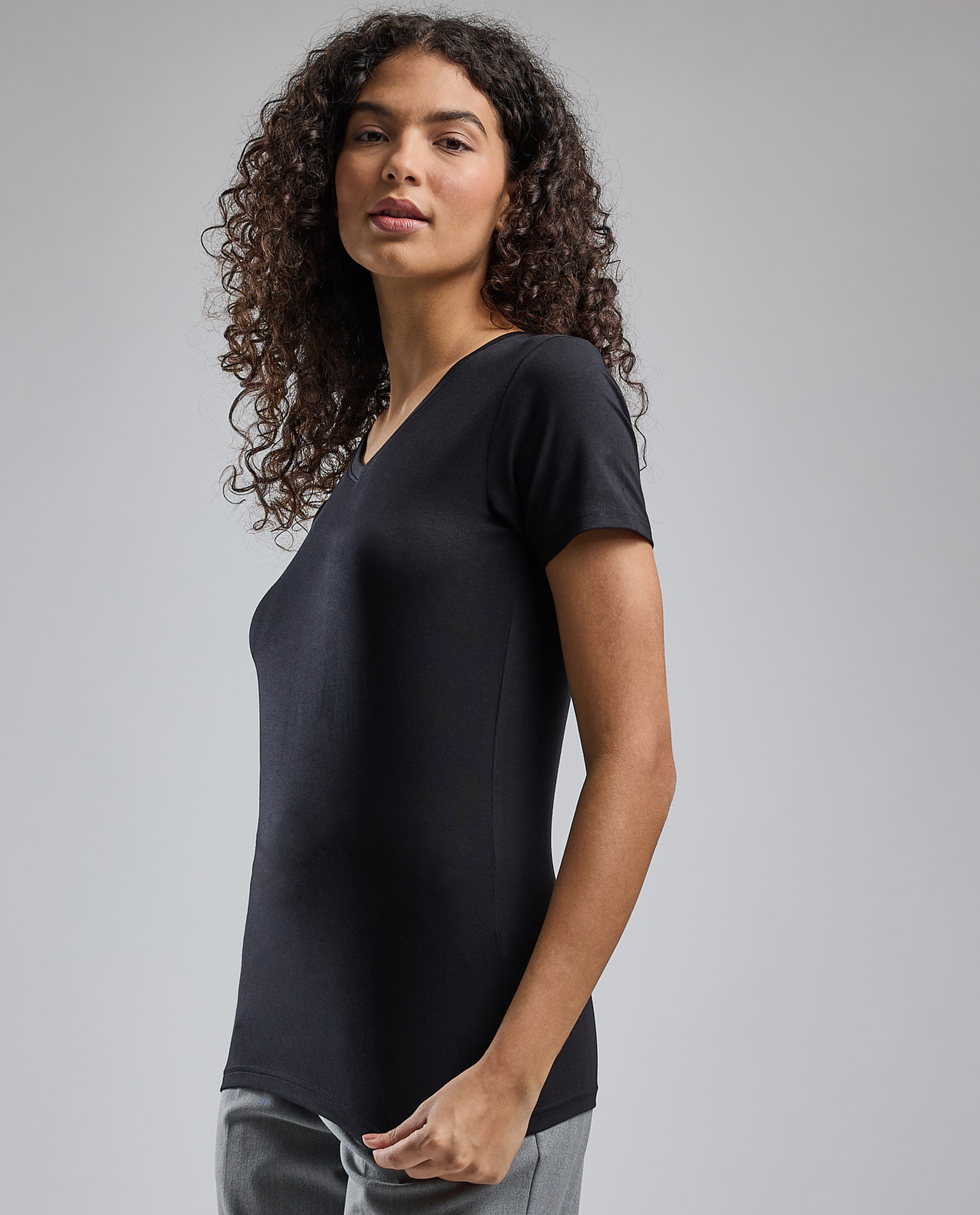 Solid T-Shirt with V-Neck and Short Sleeves