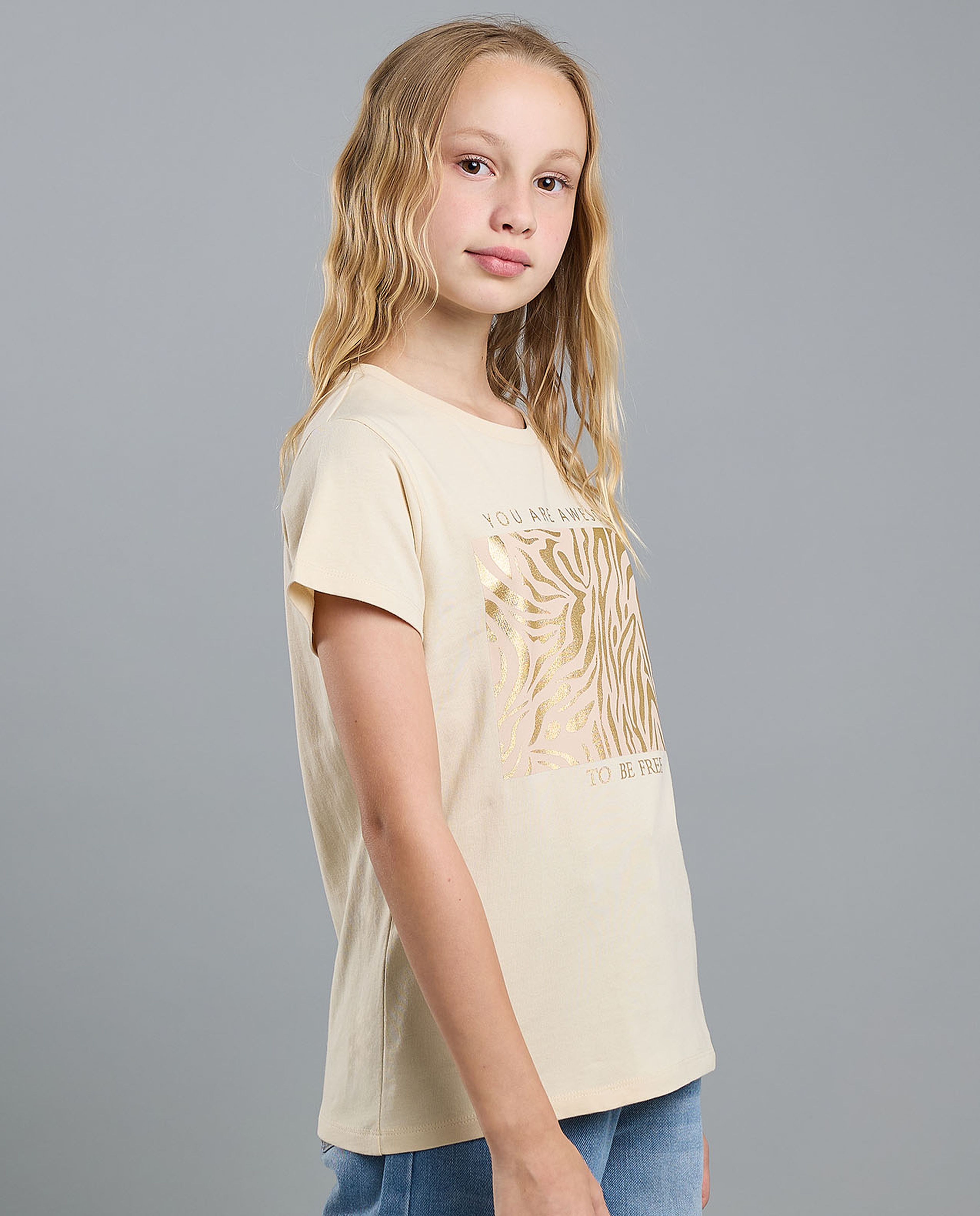 Foil Print T-Shirt with Crew Neck and Short Sleeves