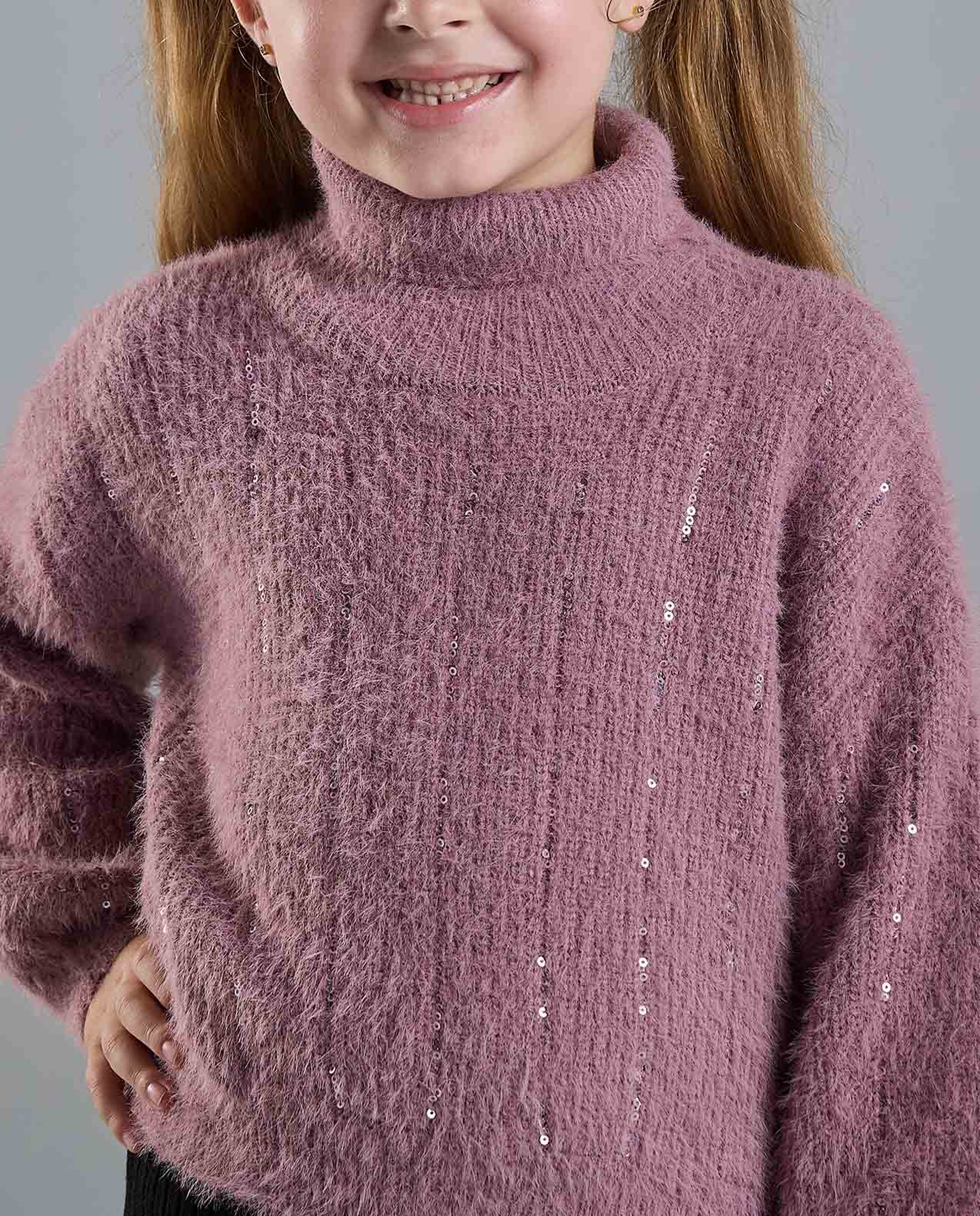 Textured Sweater with High Neck and Long Sleeves