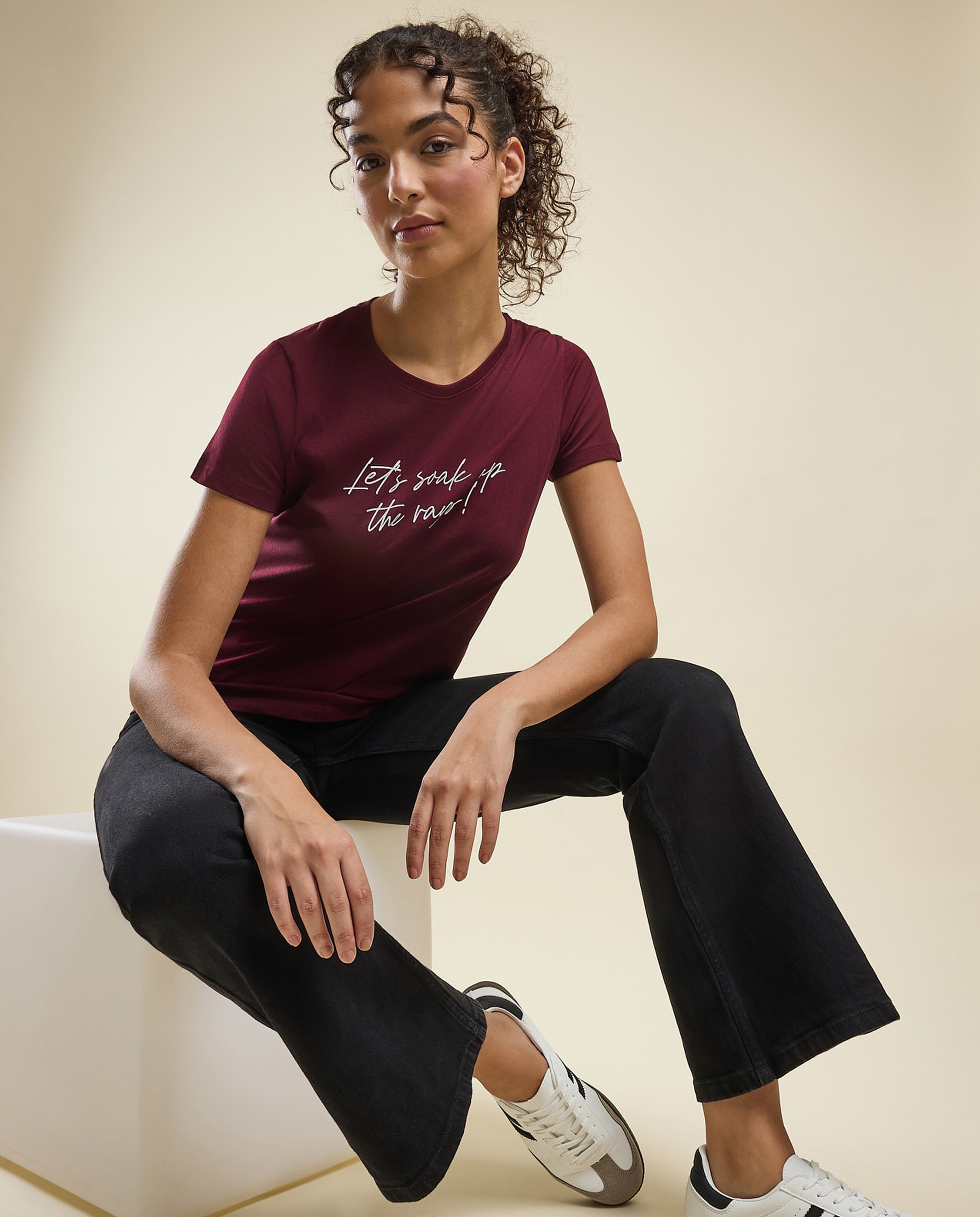 Typography Print T-Shirt with Crew Neck and Short Sleeves