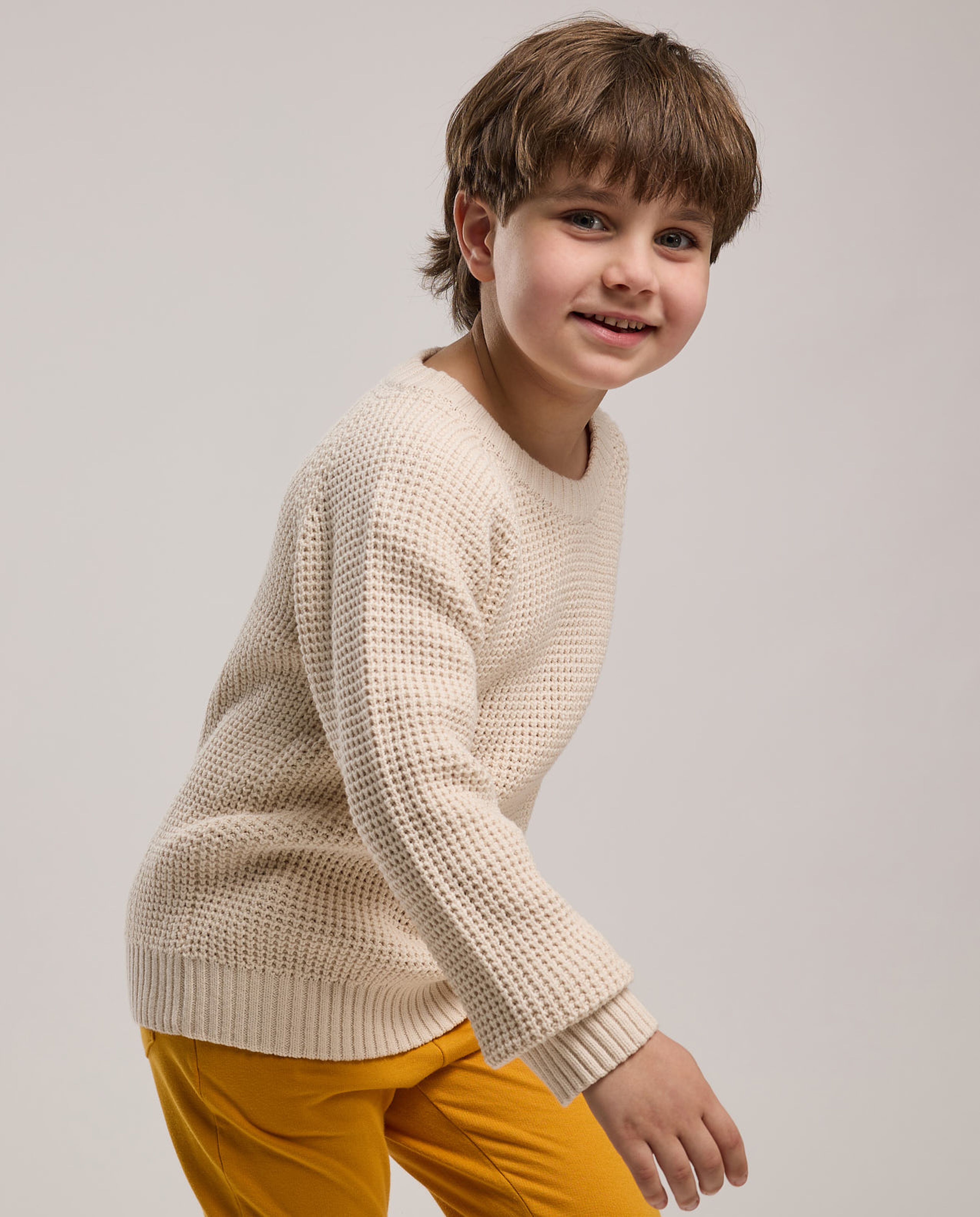 Textured Sweater with Crew Neck and Long Sleeves