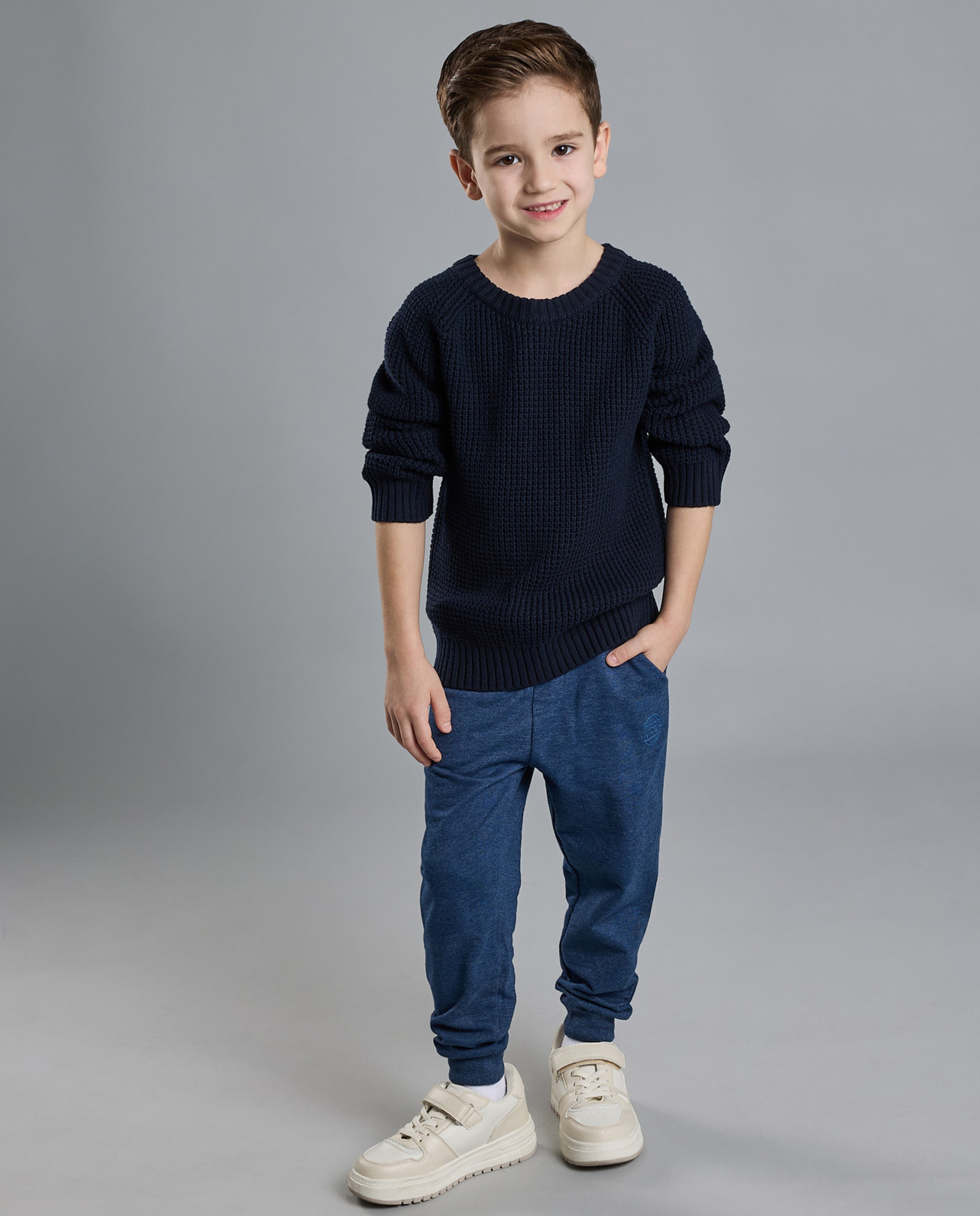 Textured Sweater with Crew Neck and Long Sleeves