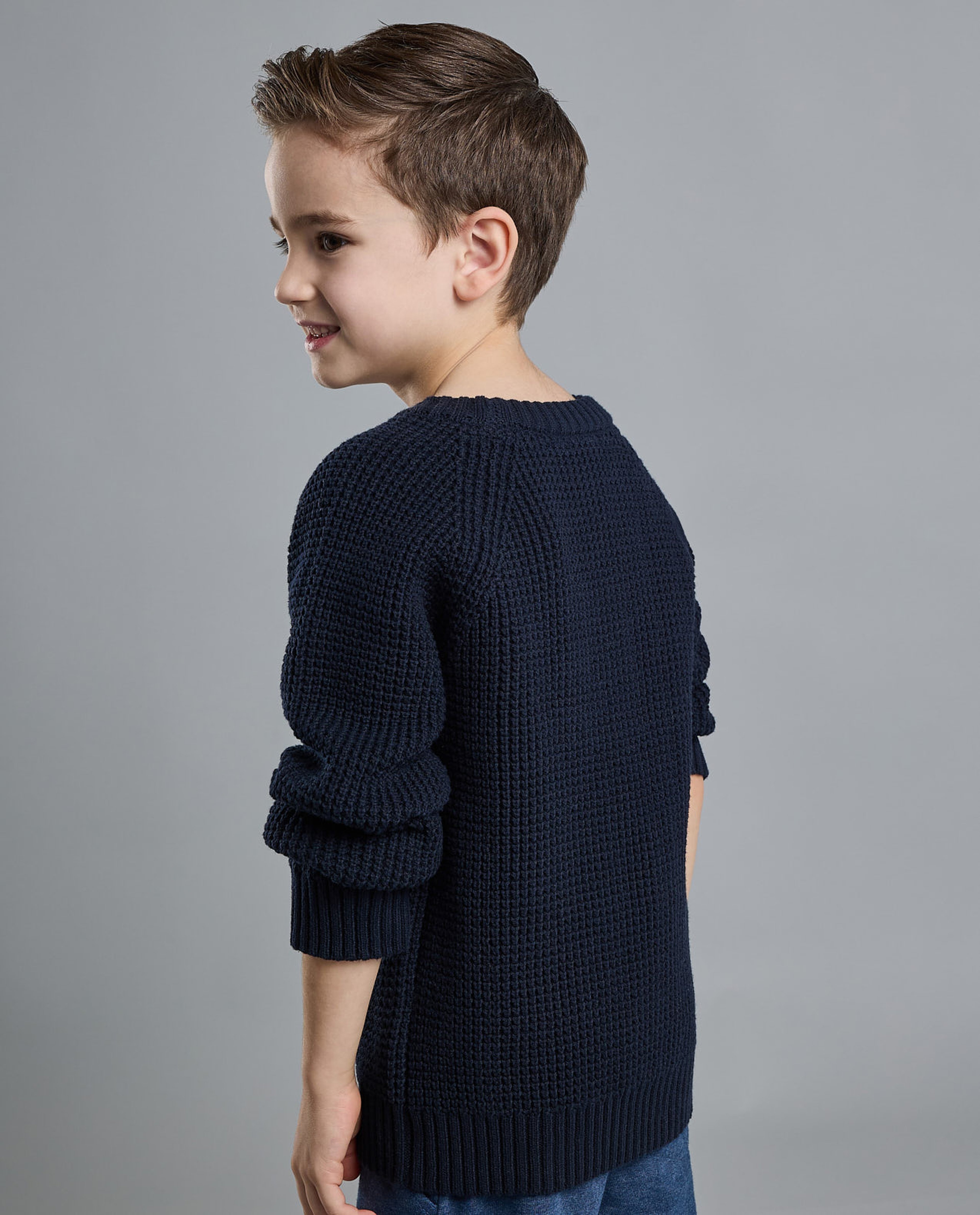 Textured Sweater with Crew Neck and Long Sleeves