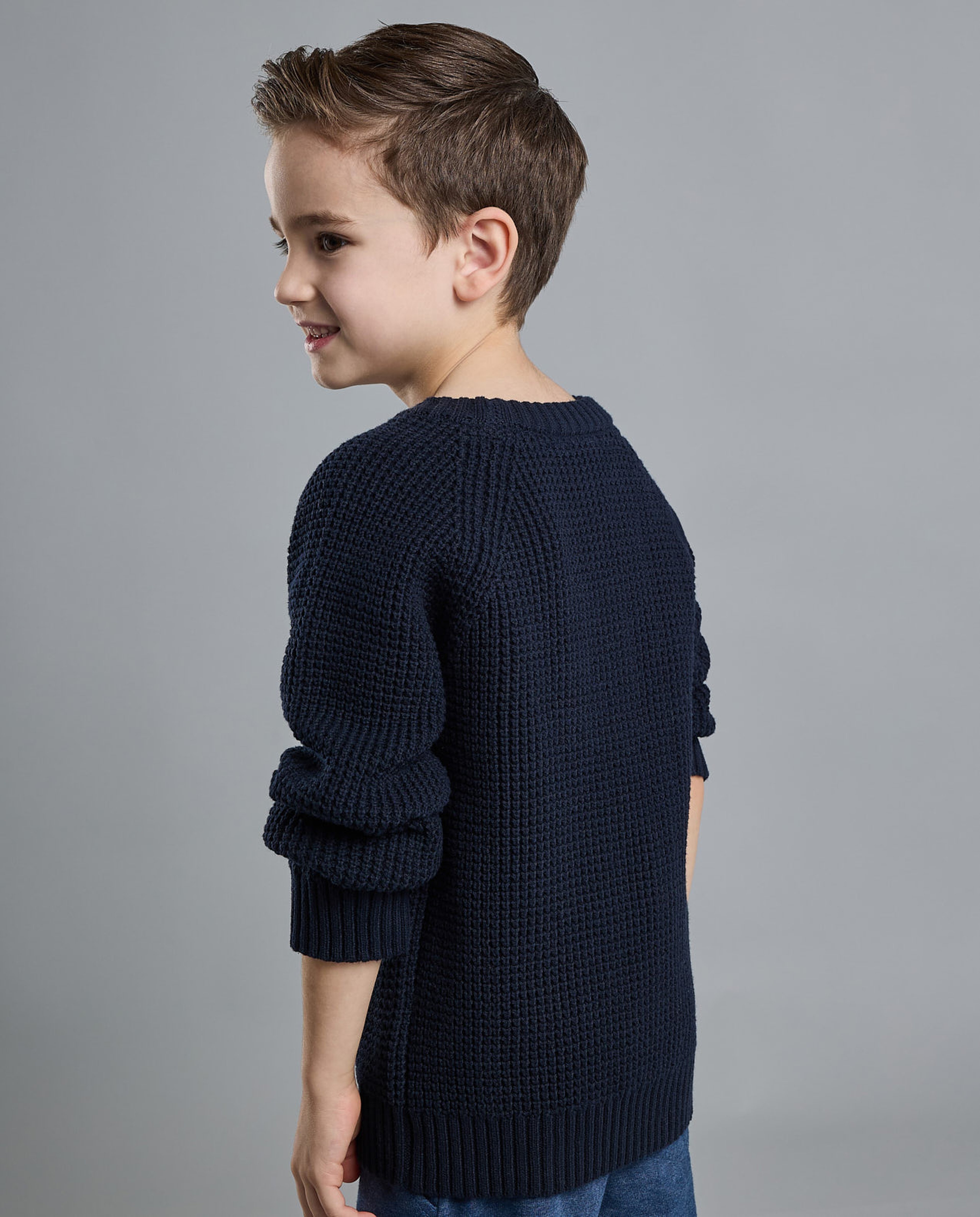 Textured Sweater with Crew Neck and Long Sleeves