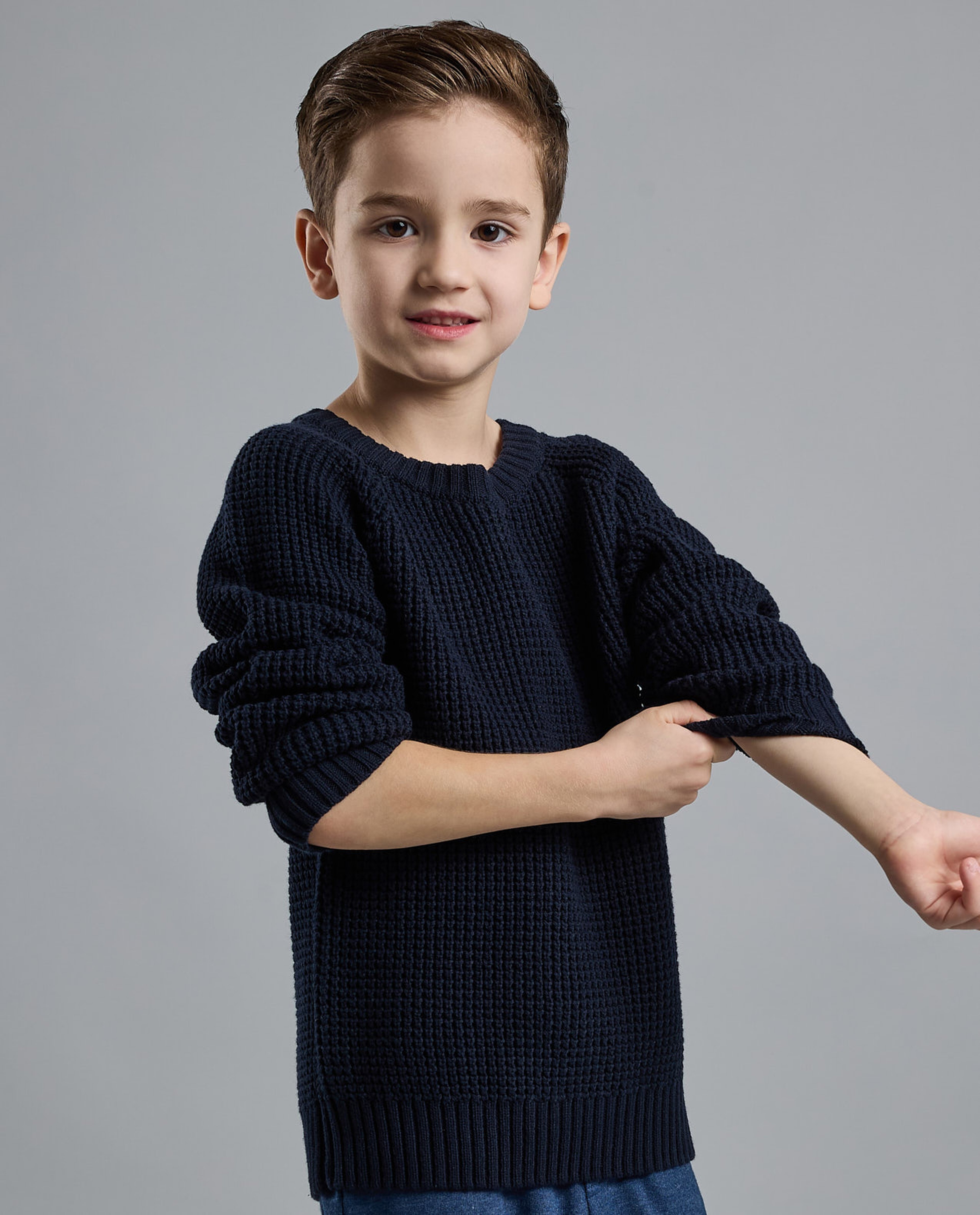 Textured Sweater with Crew Neck and Long Sleeves