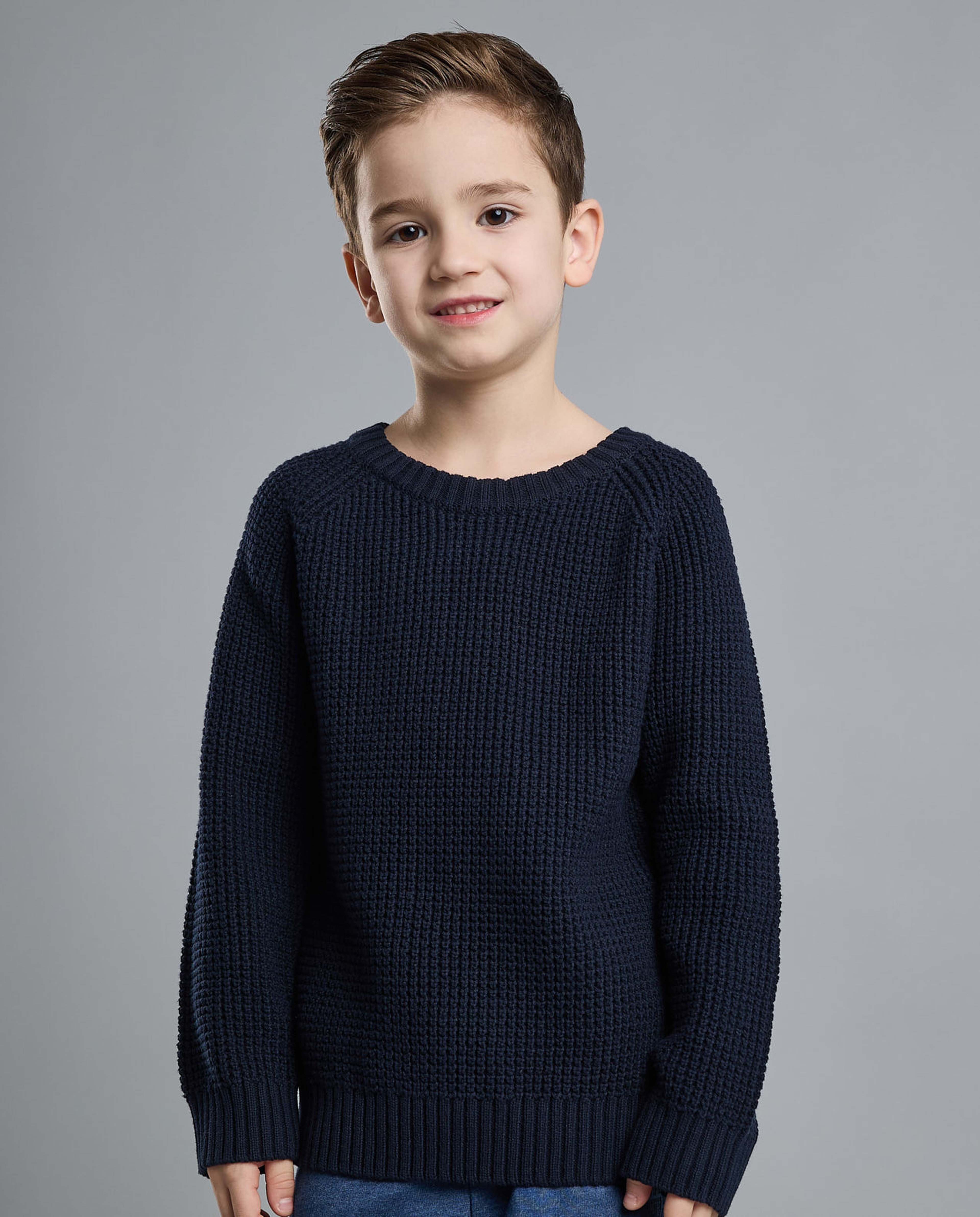 Textured Sweater with Crew Neck and Long Sleeves