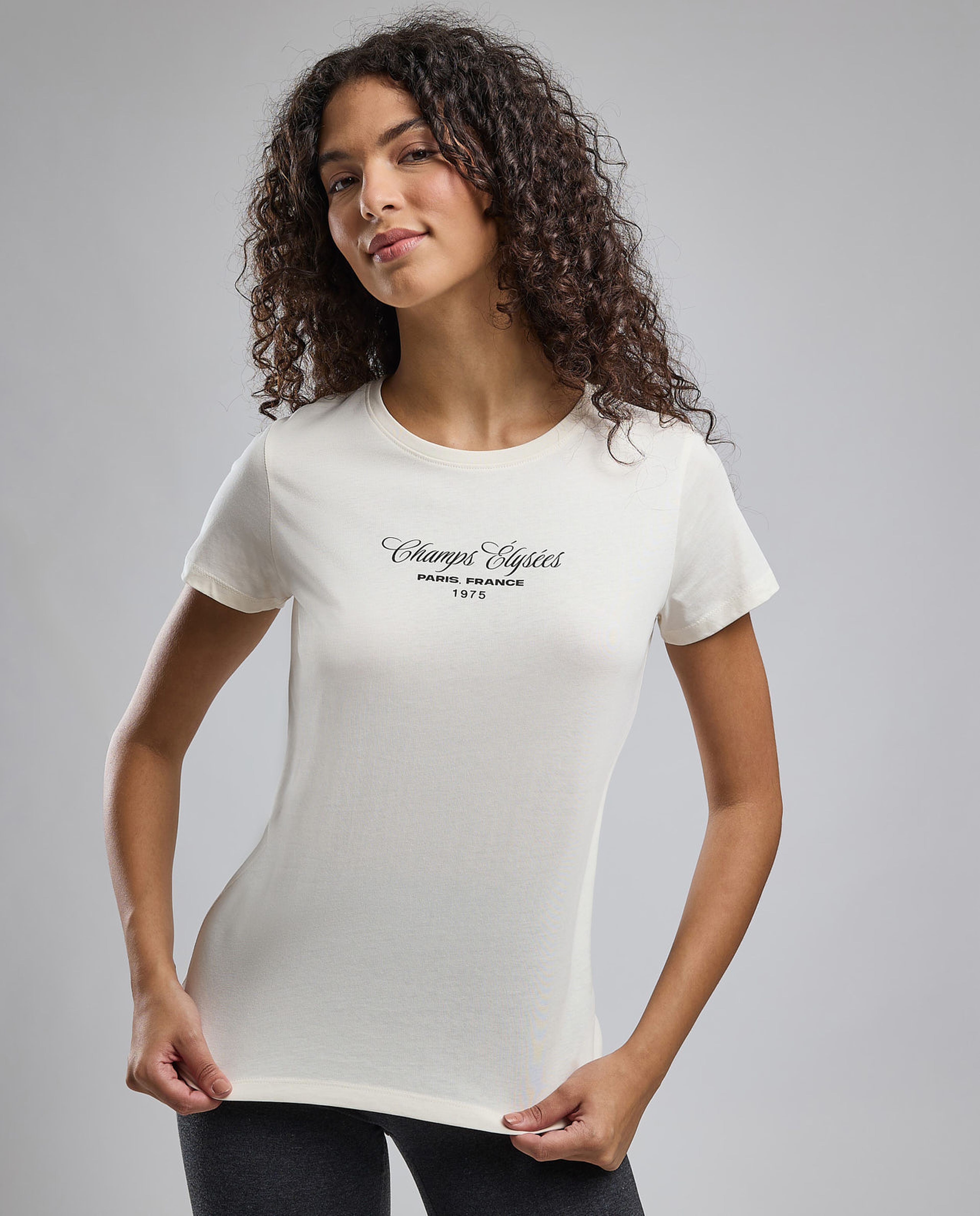 Typography Print T-Shirt with Crew Neck and Short Sleeves