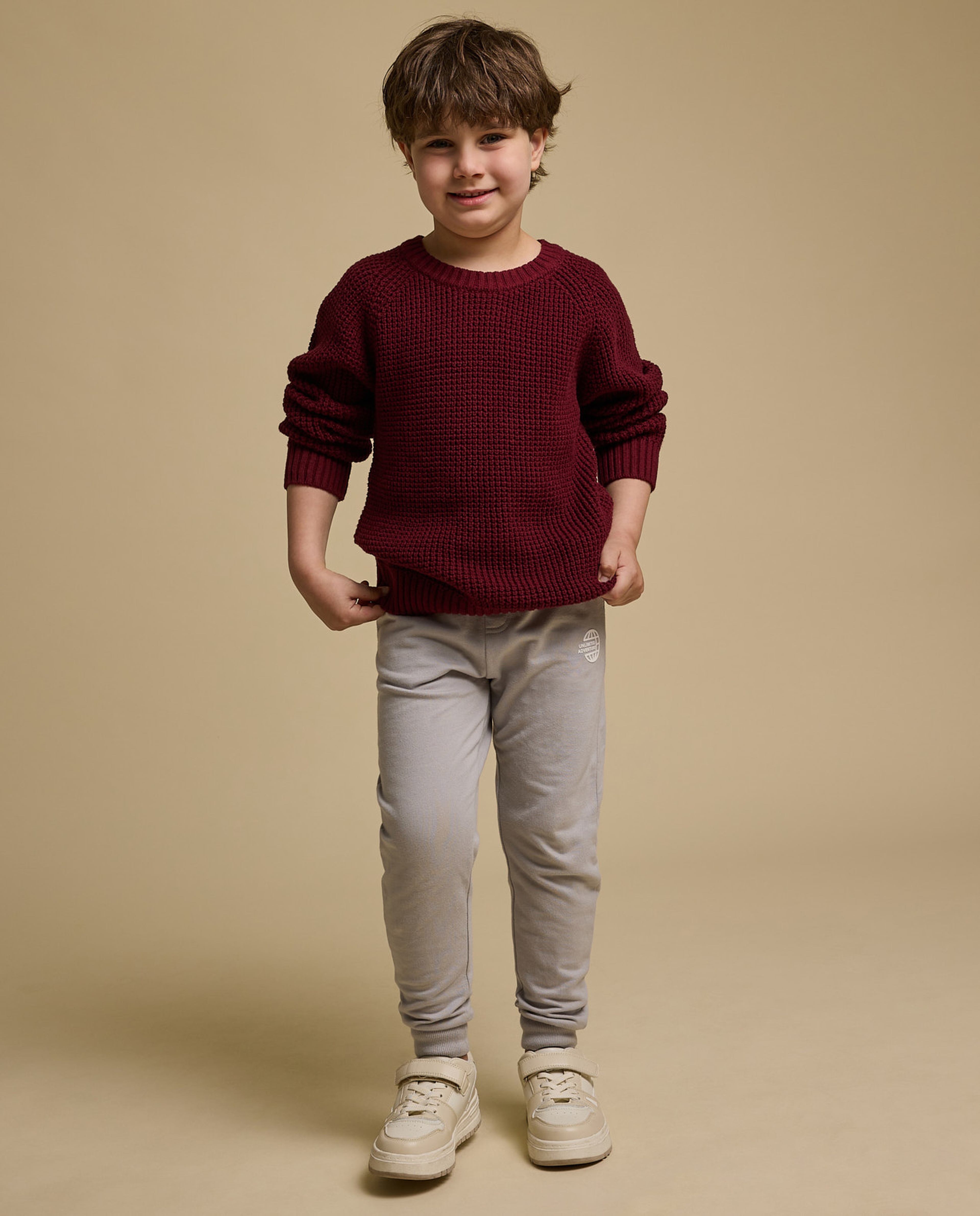 Textured Sweater with Crew Neck and Long Sleeves